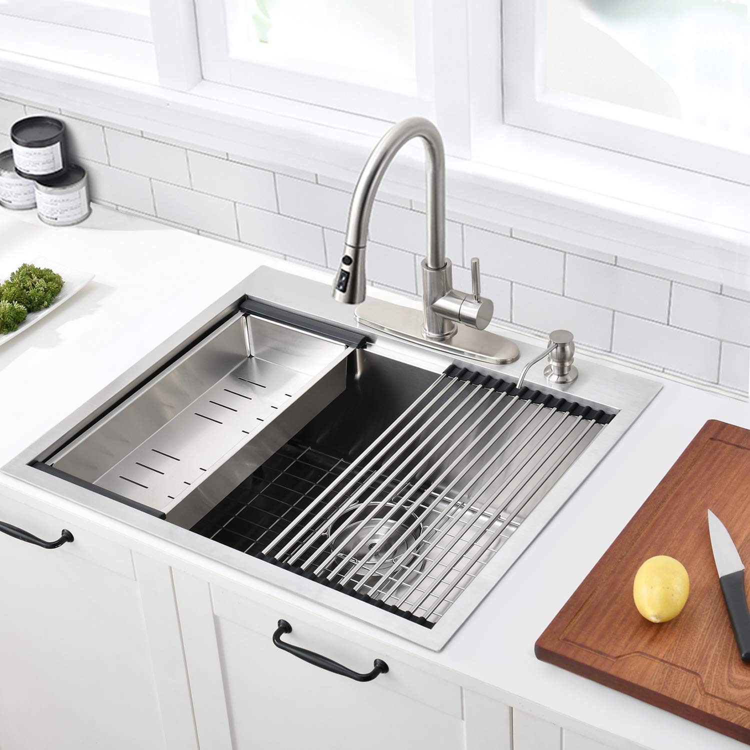 25 Inch Drop In Kitchen Sink Workstation - Vokim 25 X22 Inch Single Bowl Sink 16 Gauge Stainless Steel 10'' Deep Handmade Kitche