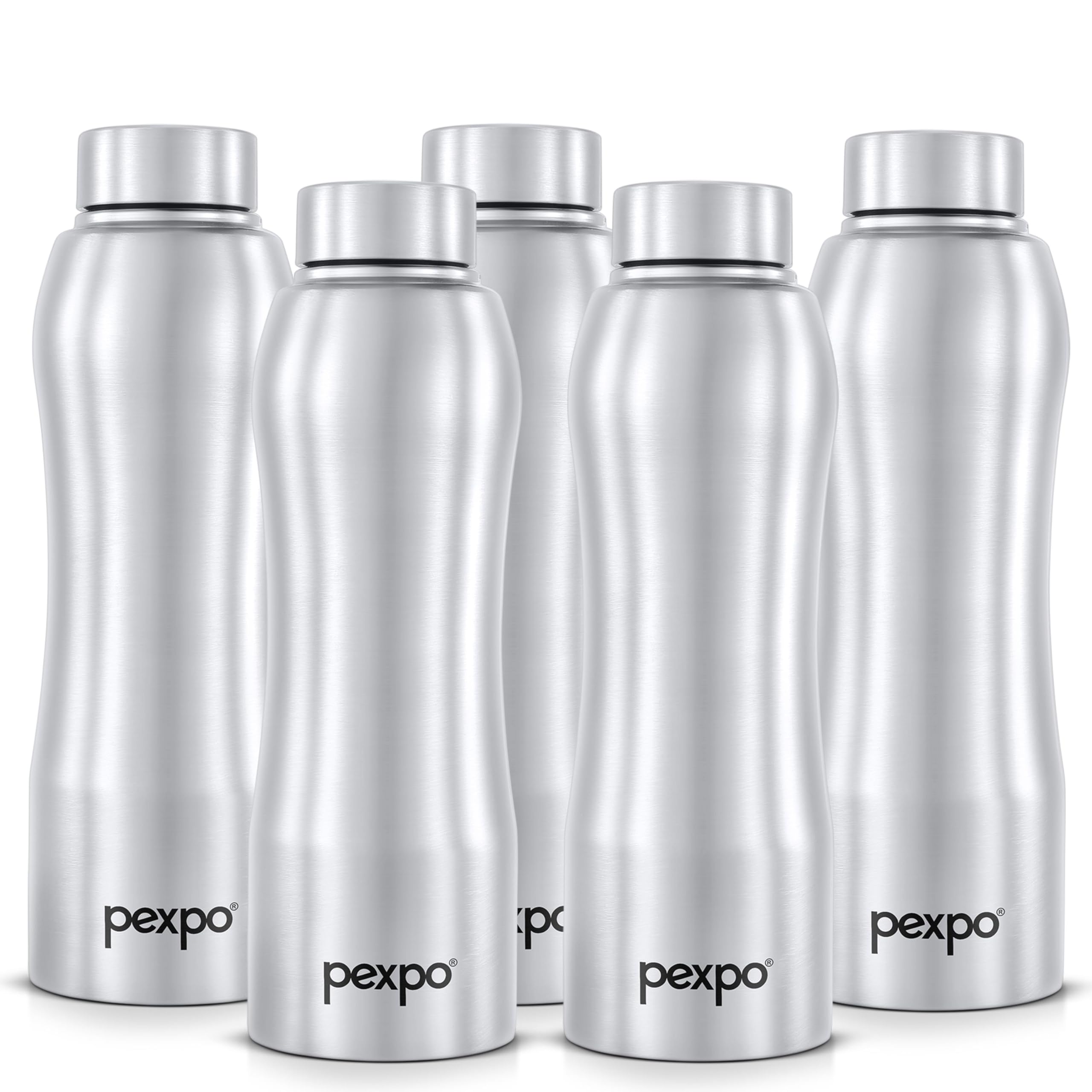 Pexpo Bistro Isi Certified Stainless Steel Fridge/Sports Water Bottle 1 Litre, Silver, Pack Of 5 | Single Walled | Easy Grip | L