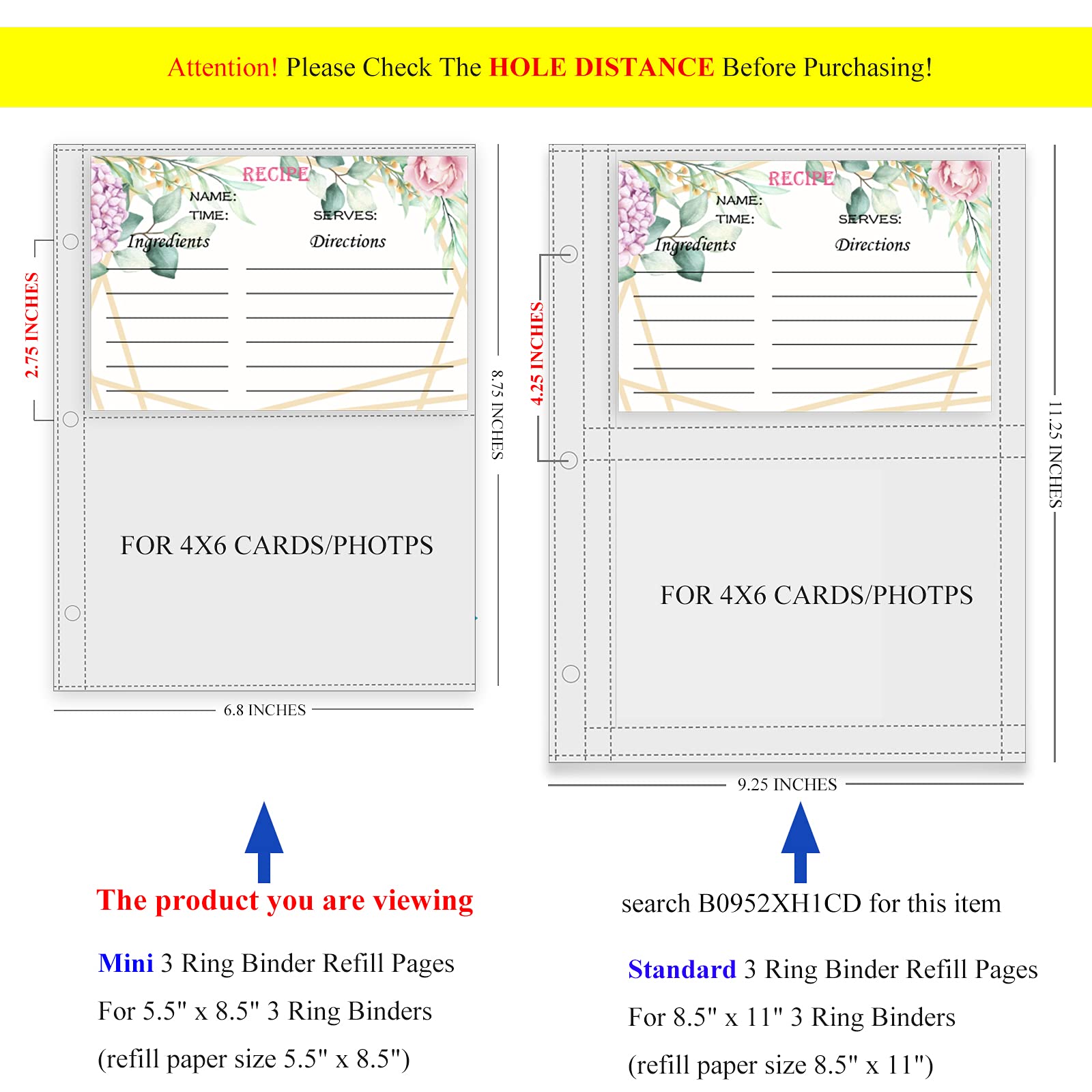 Tutata Mini Recipe Card Page Protectors - 4x6 Inch Sleeves for 3-Ring Binders, 50 PCS, Half-page Mini Binder Sheets