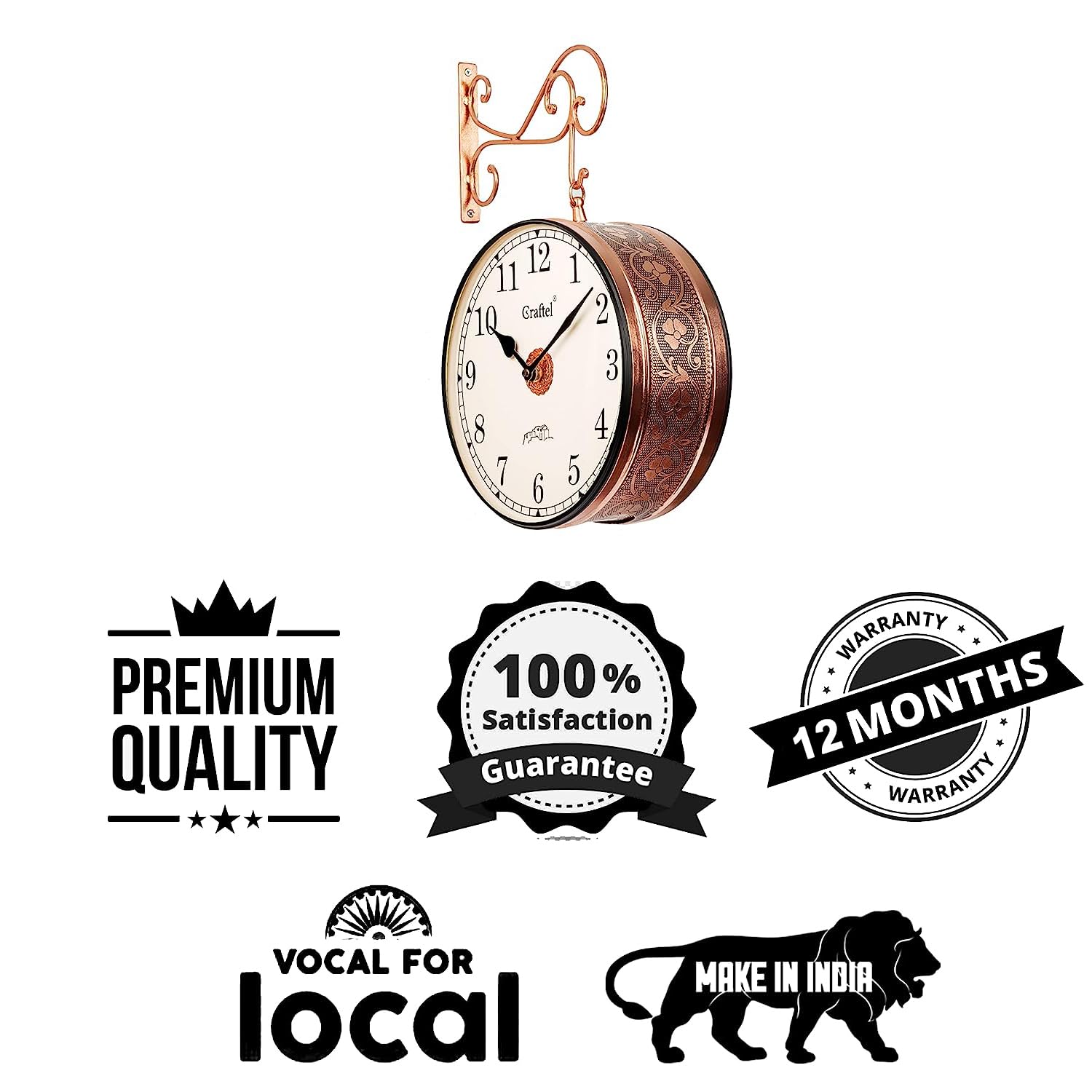 CRAFTEL Metal Analog Double Sided Vintage Station Wall Clock with Brass in Dial (Rose Gold_12 Inches)