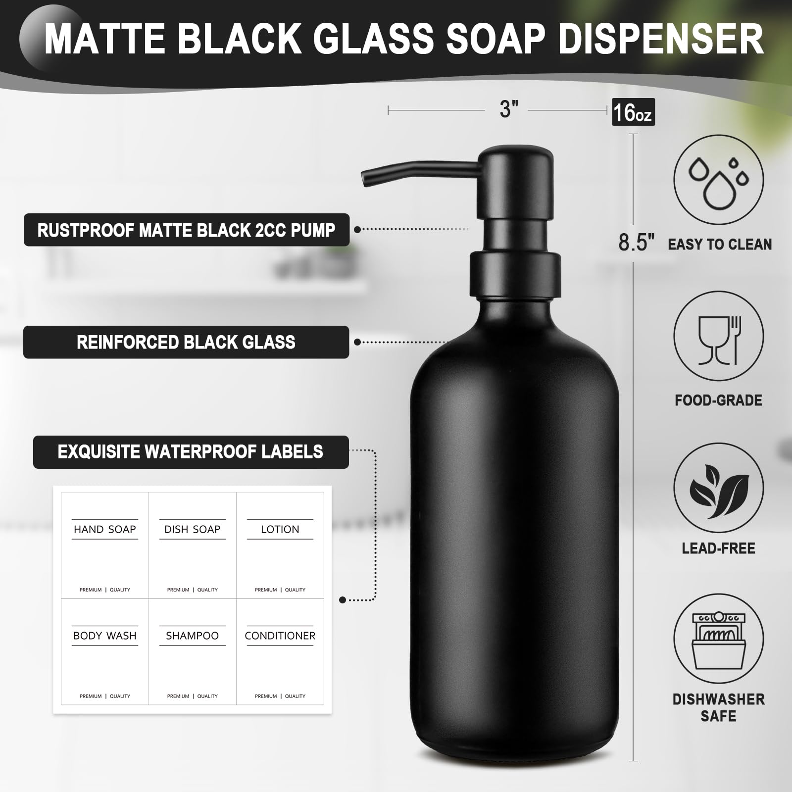 Dish Soap Dispenser For Kitchen, Black Hand Soap Dispenser With Stainless Steel Pump, Kitchen Soap Dispenser Set With Wood Riser