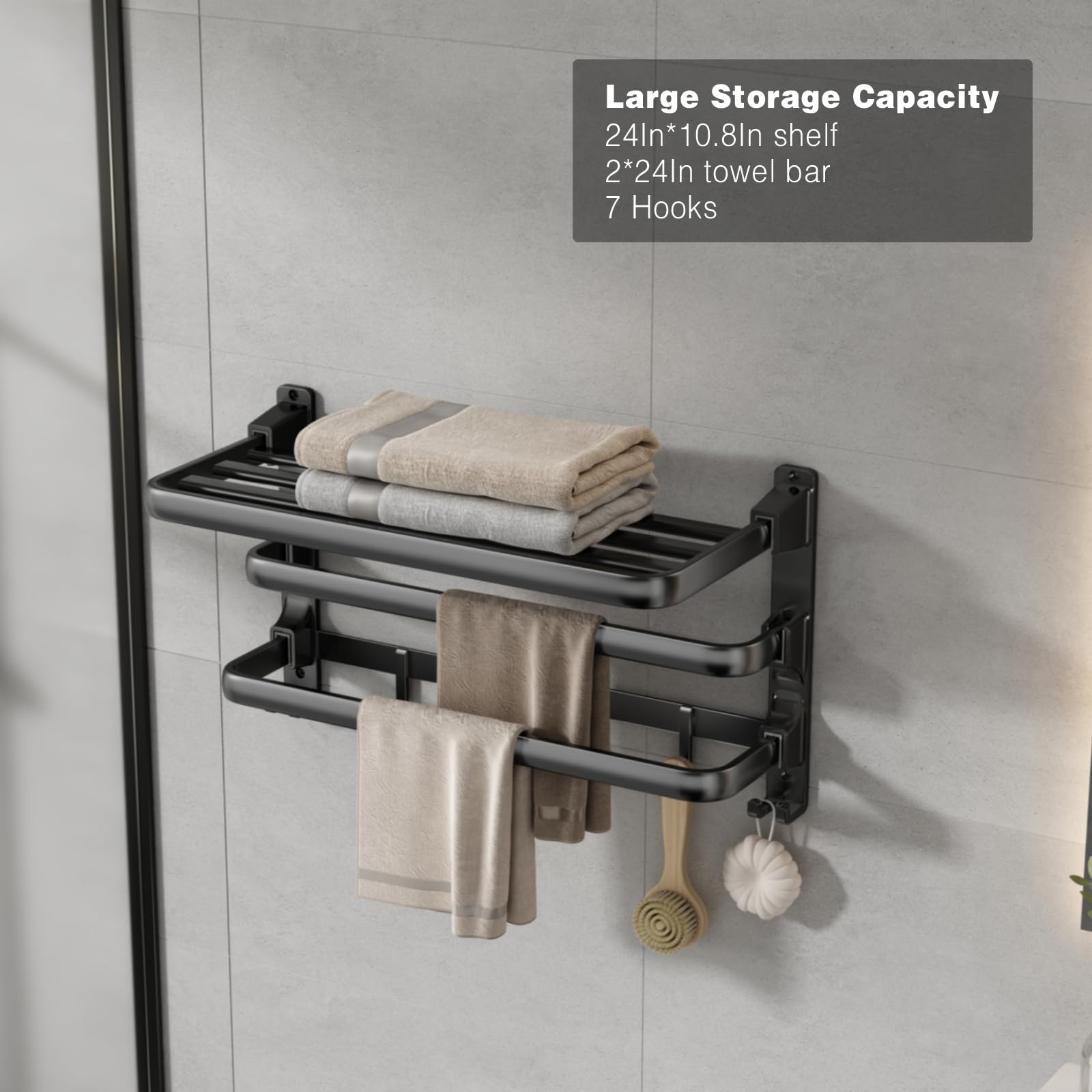 Voldra 24-Inch Towel Rack,Bathroom Towel Shelf With 2 Towel Bar Foldable Towel Holder With 7 Hooks Towel Storage Organizer For B