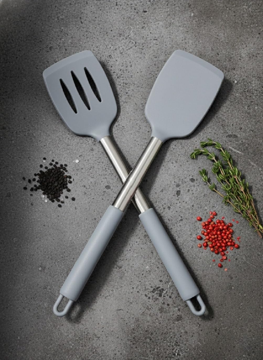 Zilltoyin 2 Pcs Grey NonStick Cookware, Kitchen Utensil Set | Slotted & Solid Spatula Combo, Ideal For Flipping Egg, Pancake, F