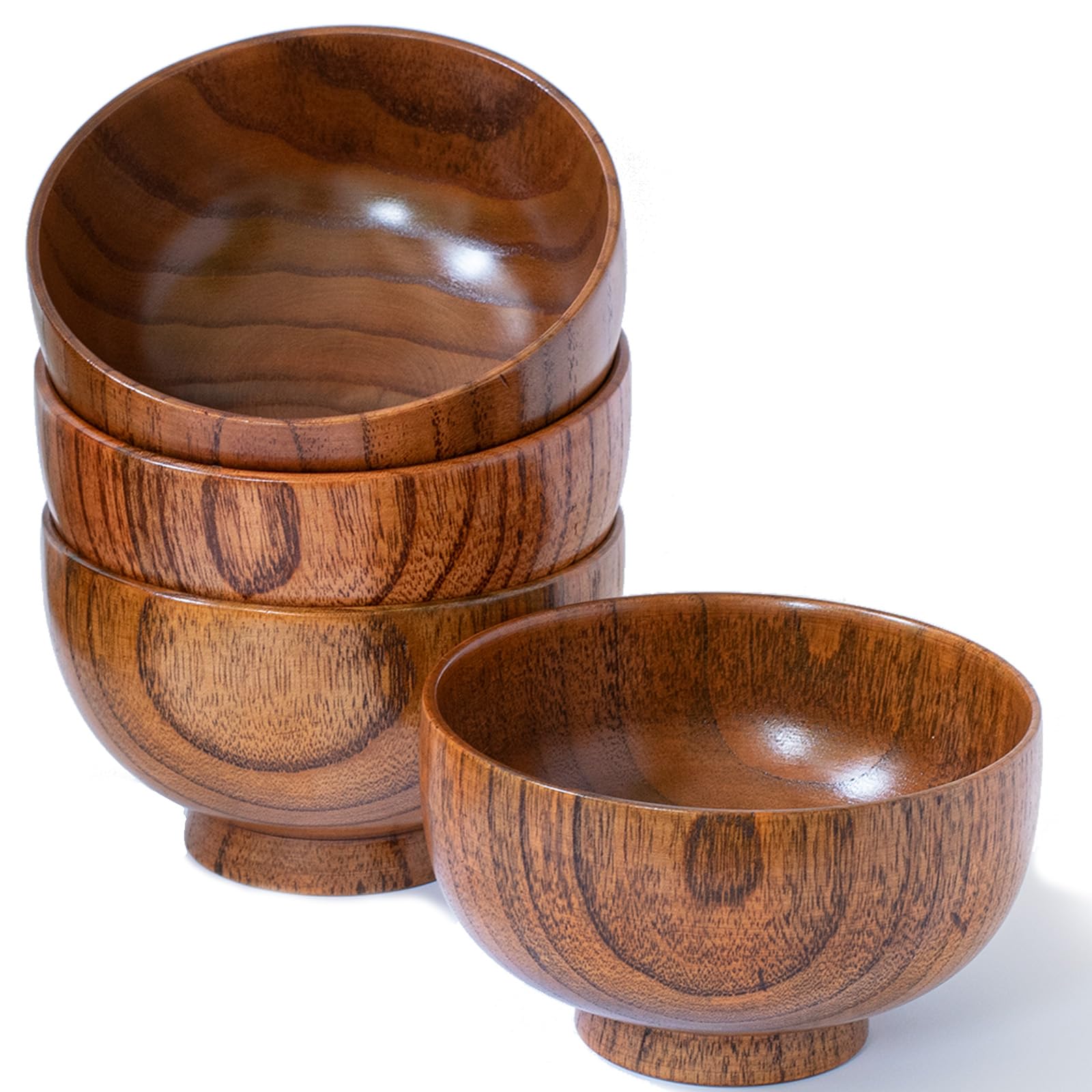 Cospring Handmade Wood Bowl, Mug, for Rice, Soup, Dip, Coffee, Tea, Decoration (4PCS Jujube Bowls, M: 4.5 Dia x 2.6 High)