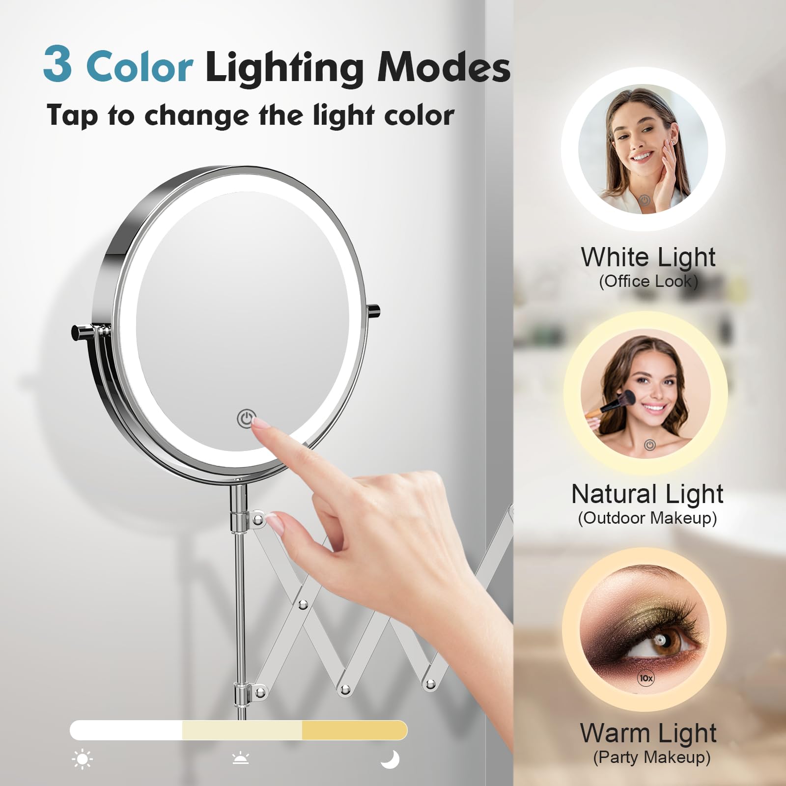 Rechargeable Wall Mounted Makeup Mirror - 8 Inch Double Sided 1X/10X Magnifying Mirror With 3 Color Lights Dimmable Touch Screen