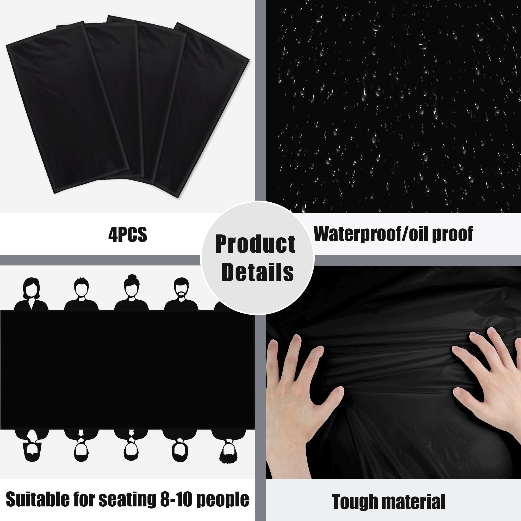 Ohome 4 Pack Plastic Table Cloth Disposable - Black Tablecloths - Black Plastic Tablecloth For 6 To 8 Ft Rectangle Table - Black