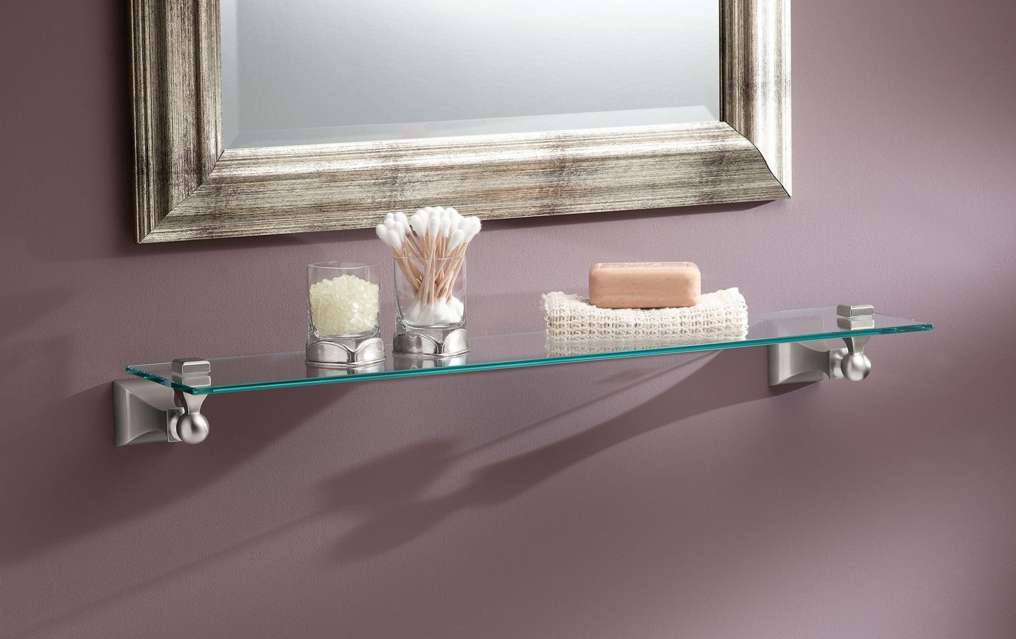 Moen Dn8390Bn Retreat 22-Inch Wide X 5-Inch Deep Decorative Glass Bathroom Vanity Shelf, Brushed Nickel