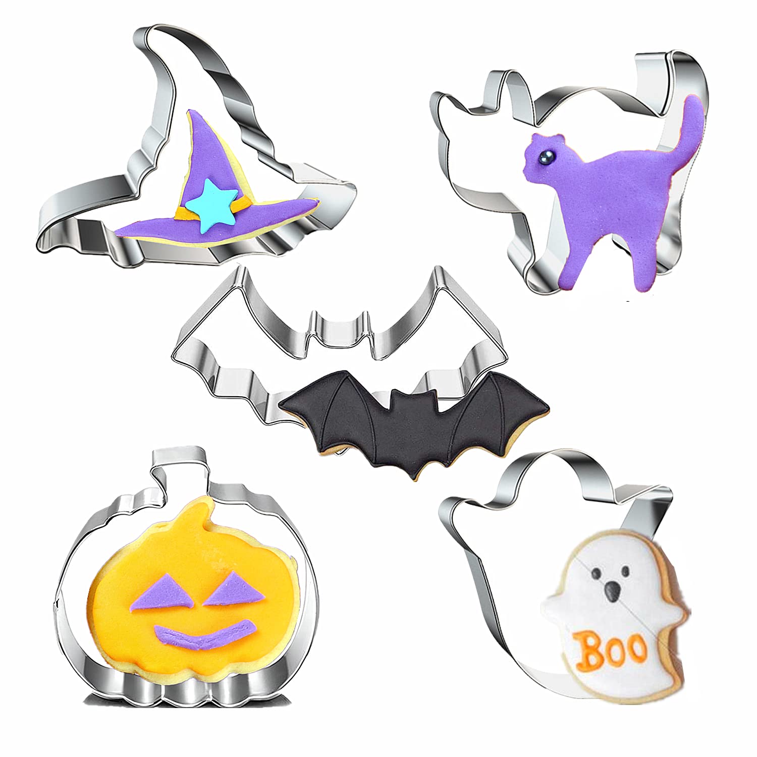 Halloween Cookie Cutters Set- 5 Pieces Stainless Steel Baking Cutter Molds Pumpkin, Ghost, Witch'S Hat, Bat, Cat Cookie Cutters