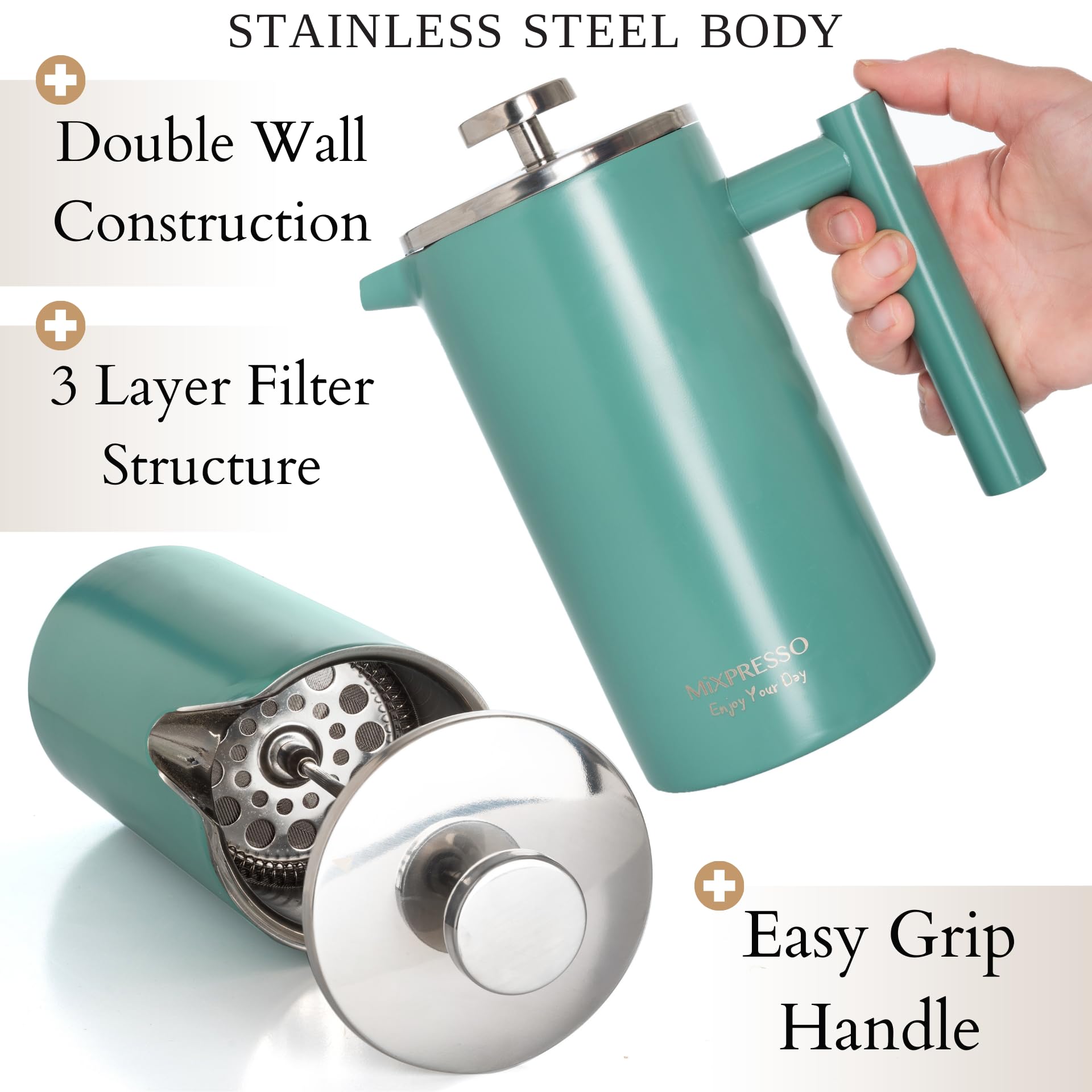Mixpresso Stainless Steel French Press Coffee Maker 26 Oz 770 Ml Double Wall Metal Insulation Coffee Press & Tea Brewer Easy Cle