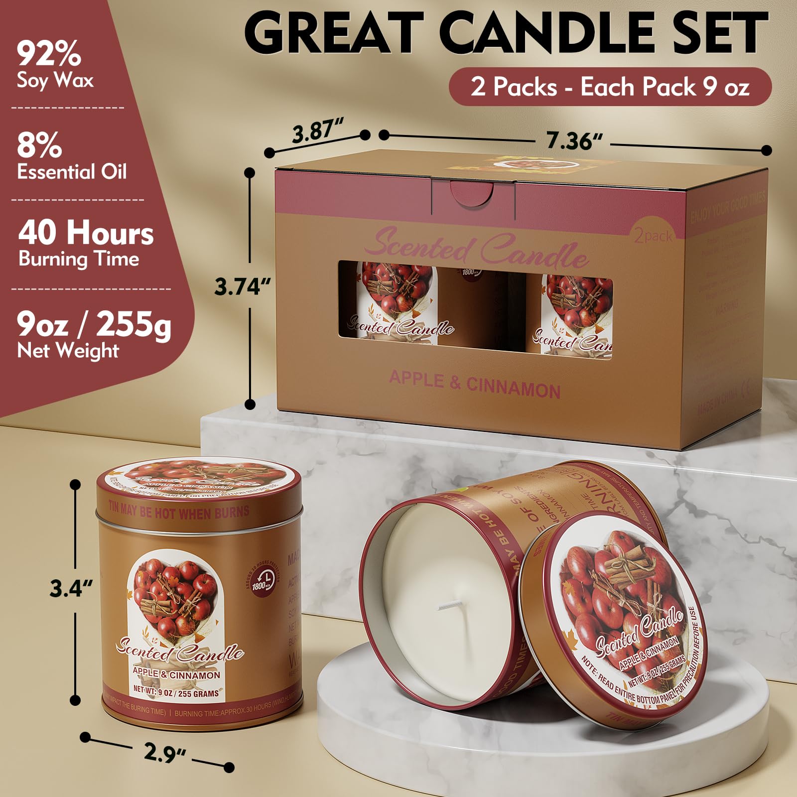 2 Pack Scented Candles (90 Total Burn Hours) - Soy Wax Candles 9 oz Each in Tin - Long Lasting Aromatherapy Candle Gift Set (App