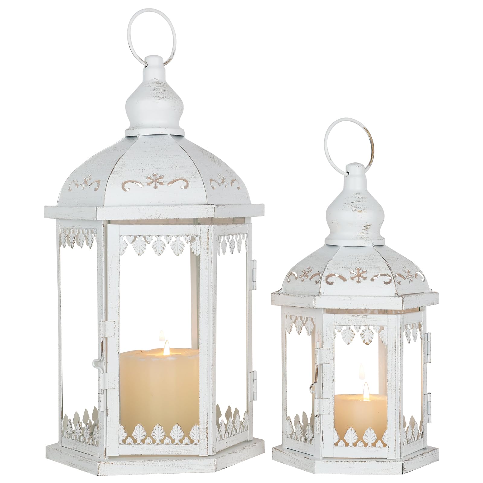 Lanterns Decorative Outdoor&Indoor, Set of 2 (15&11) White Metal Lantern Decor with Glass, Candle Holder for Porch, Patio, Garde