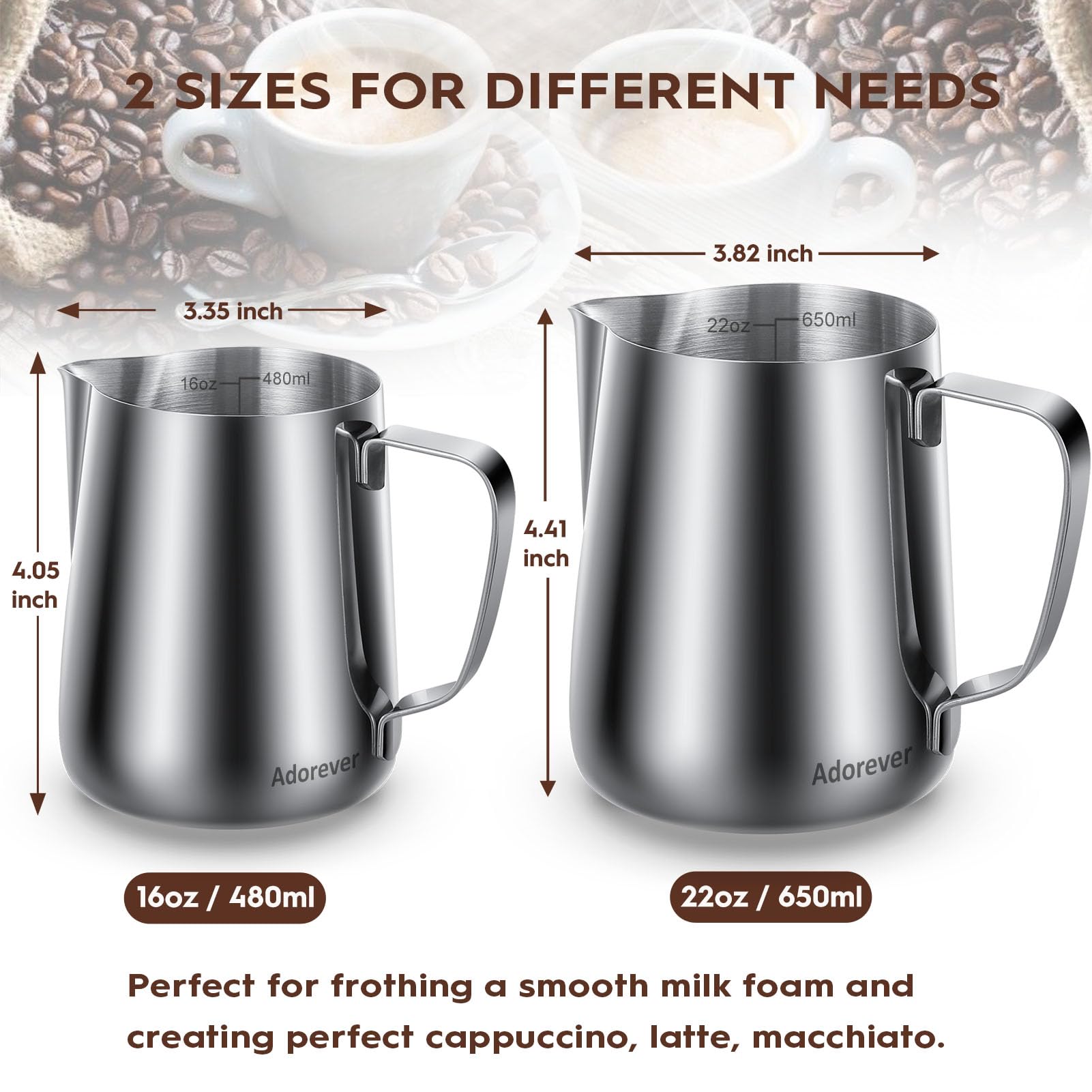 Adorever Milk Frothing Pitcher, 16Oz 480Ml Milk Frother Cup Stainless Steel Steaming Pitcher, Coffee Bar Cappuccino Espresso Mac