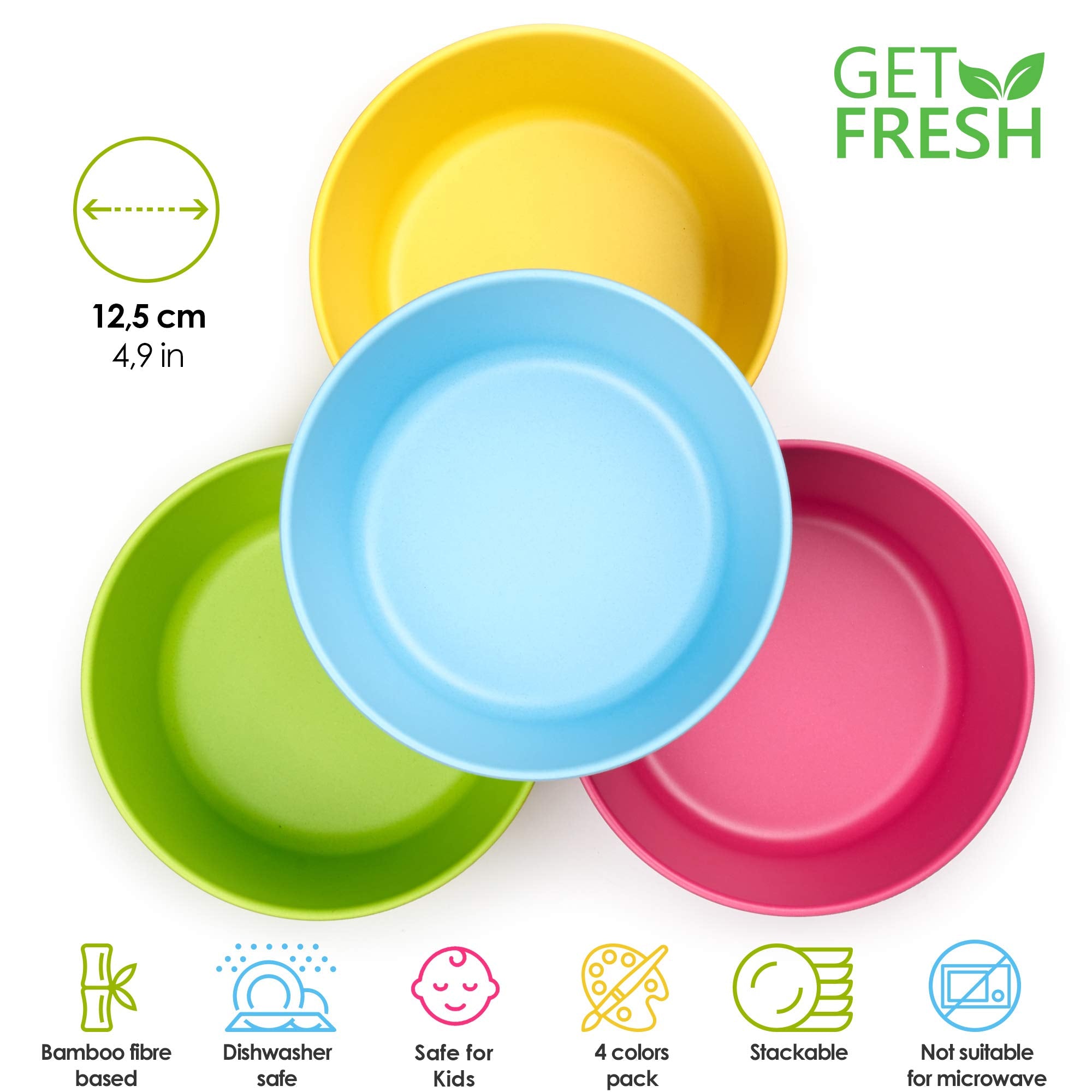 GET FRESH Bamboo Kids Snack Bowls Set of 4, BPA Free, Dishwasher Safe, Colorful (Yellow, Blue, Green, Pink)