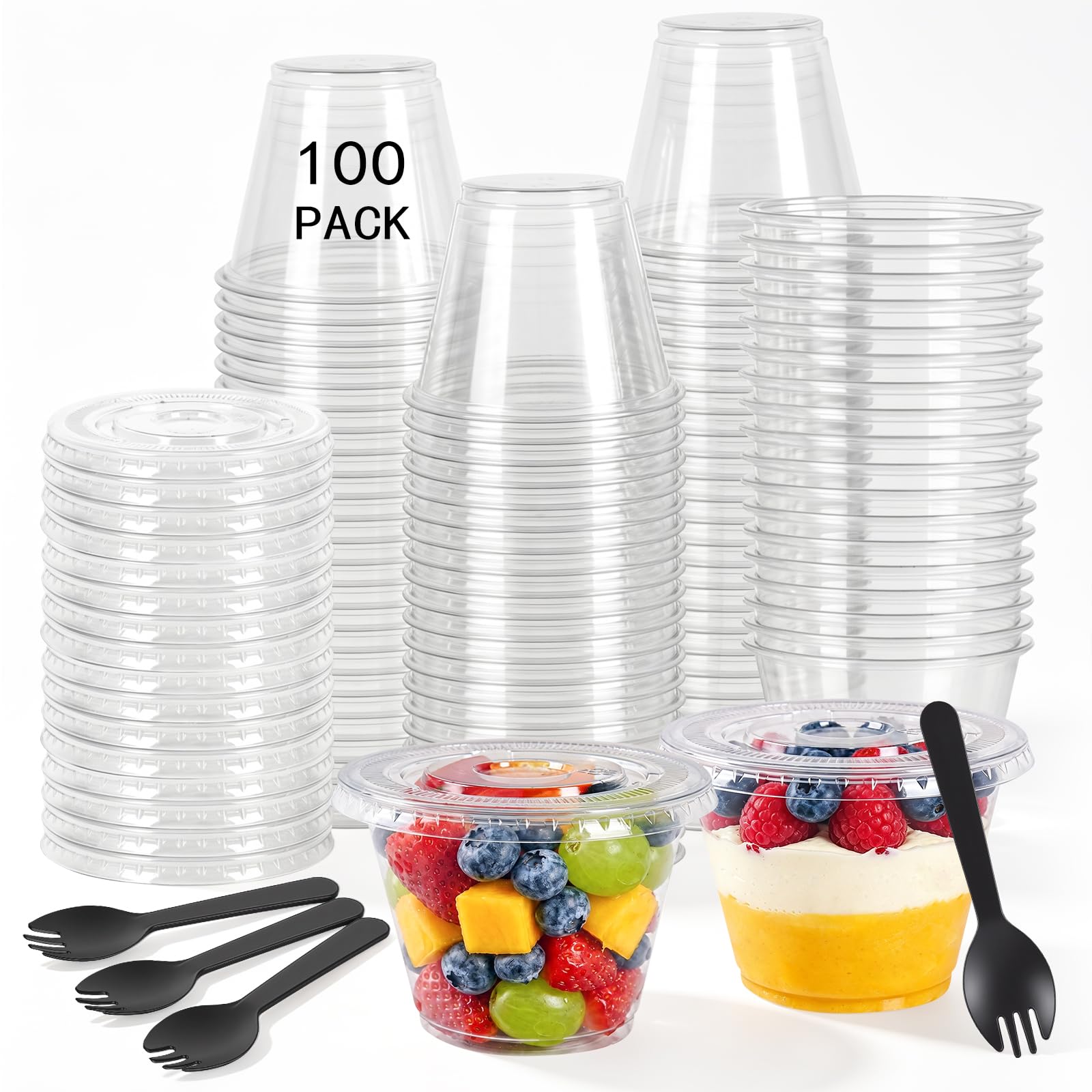 Dealantic 100 Pack 9 Oz Dessert Cups with Lids and Spoons, Clear Small Fruit Cups with Flat Lids No Hole, Ideal for Dessert, Pud