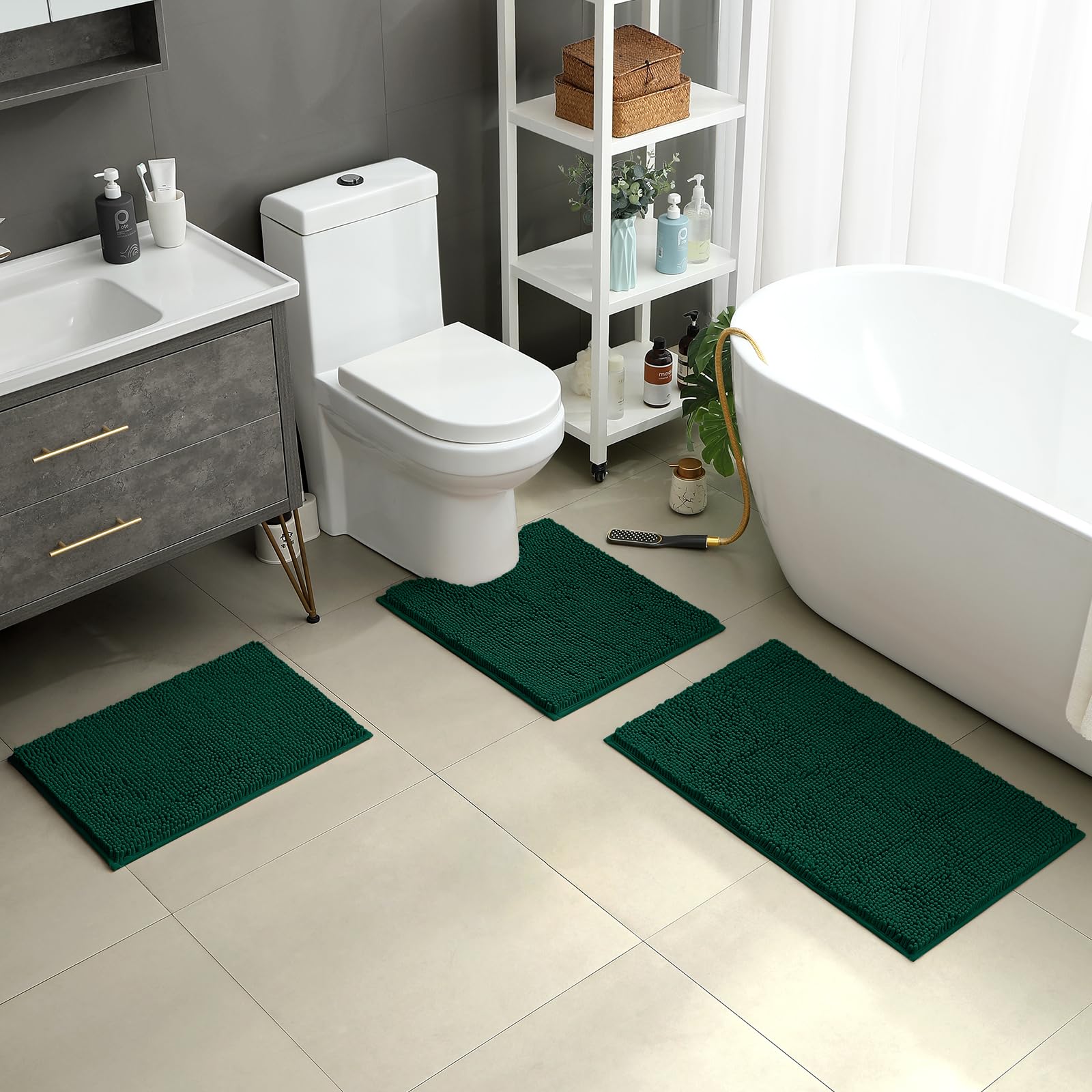 Homeideas 3 Pieces Bathroom Rugs, Ultra Soft Non Slip Absorbent Chenille Toilet Bath Mat Set (Dark Green)