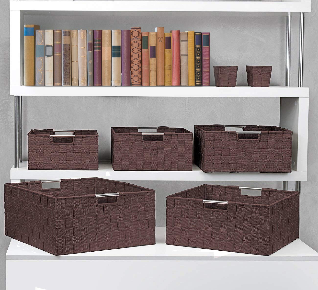 Sorbus Storage Baskets for Organizing (Set of 7)  Mesh Hand-Woven Design  Linen Closet Organizers and Storage  Organizer Storage Baskets for Shelves  Variety Pack Organizers and Storage (Chocolate)