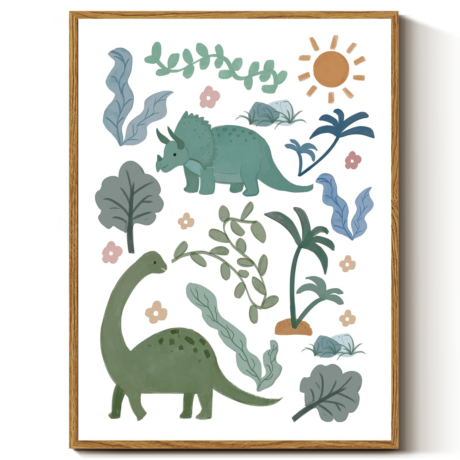 InSimSea Framed Canvas Prints Art Vintage Decor, Green Blue Dino Flower Nursery Animal Painting, Dinosaur Wall Art for Kids Todd