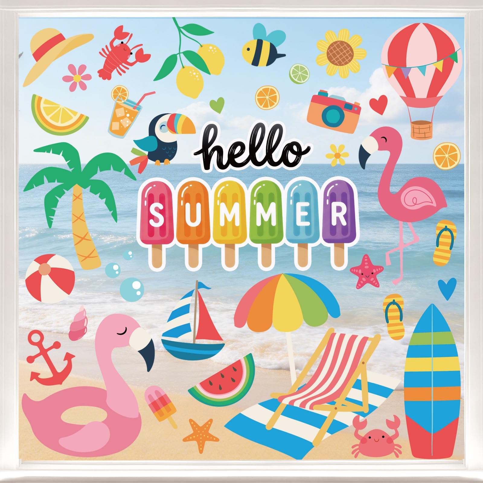 9 Sheets Summer Window Clings for Glass Windows, Beach Window Decals for Kids, Hello Summer Window Stickers & Spring Decorations