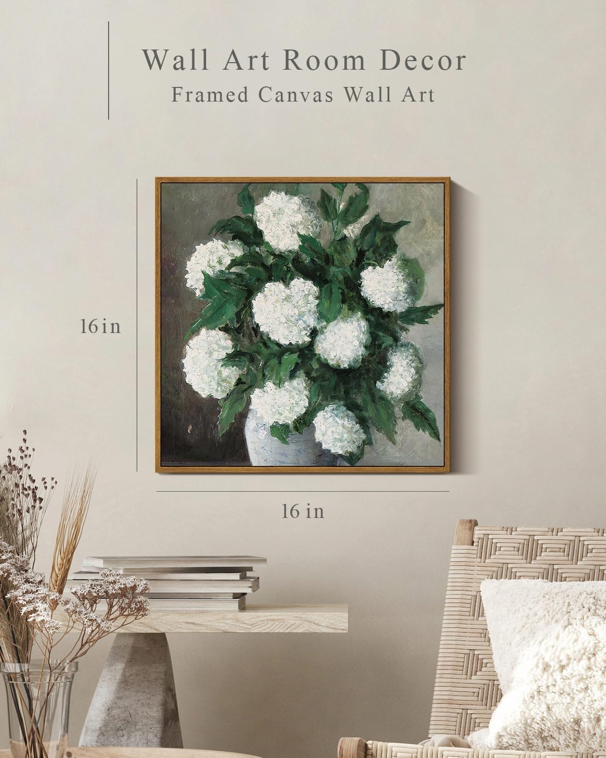 Insimsea Square Framed Canvas Wall Art, Flower Large Home Decor White Hydrangea Paintings Canvas Prints, Botanical Art Prints Fl