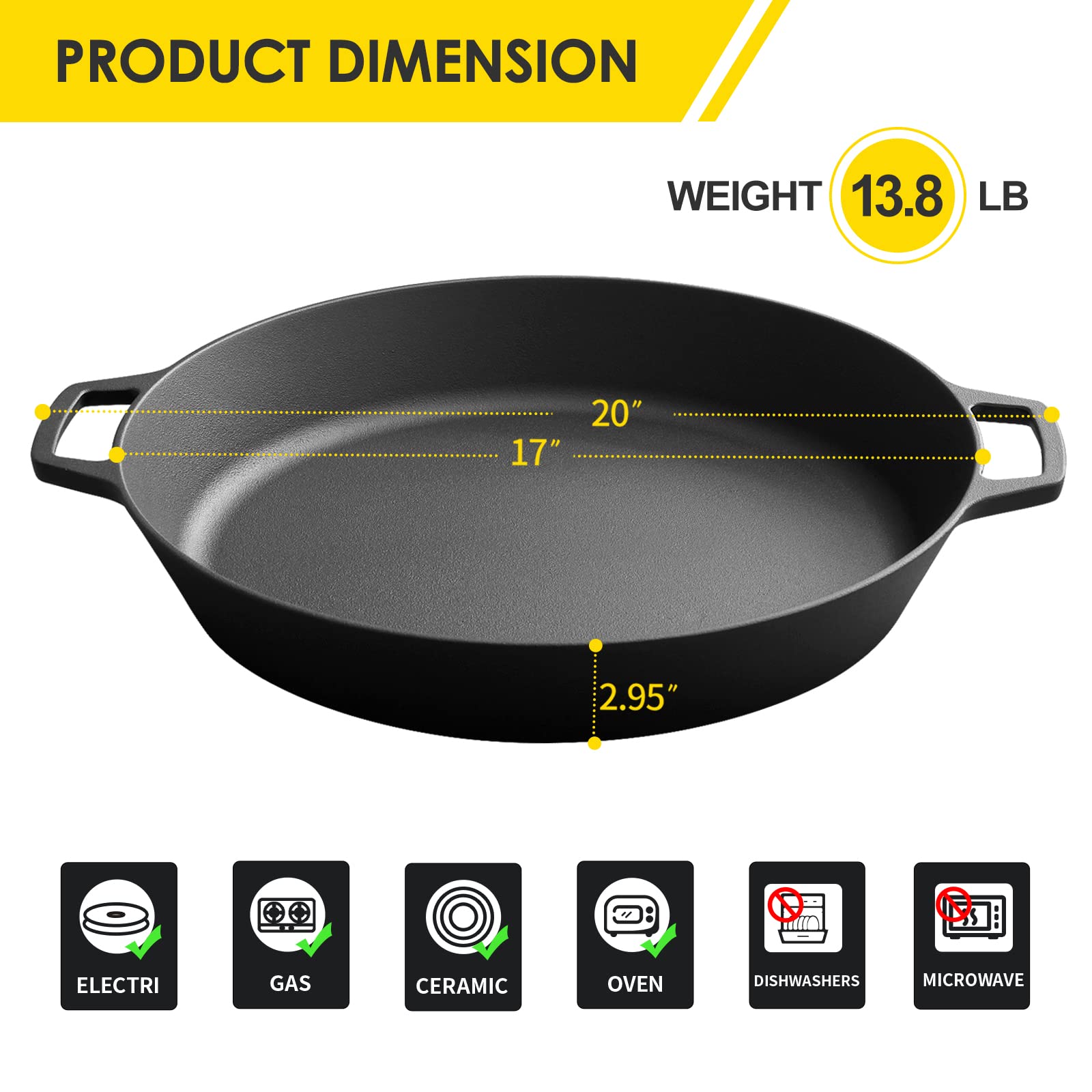 Edging Casting Pre-Seasoned Large Cast Iron Skillet 17 Inch, Dual Handle Outdoor Camping Frying Pan, Pizza Pan, Use For Grill, S