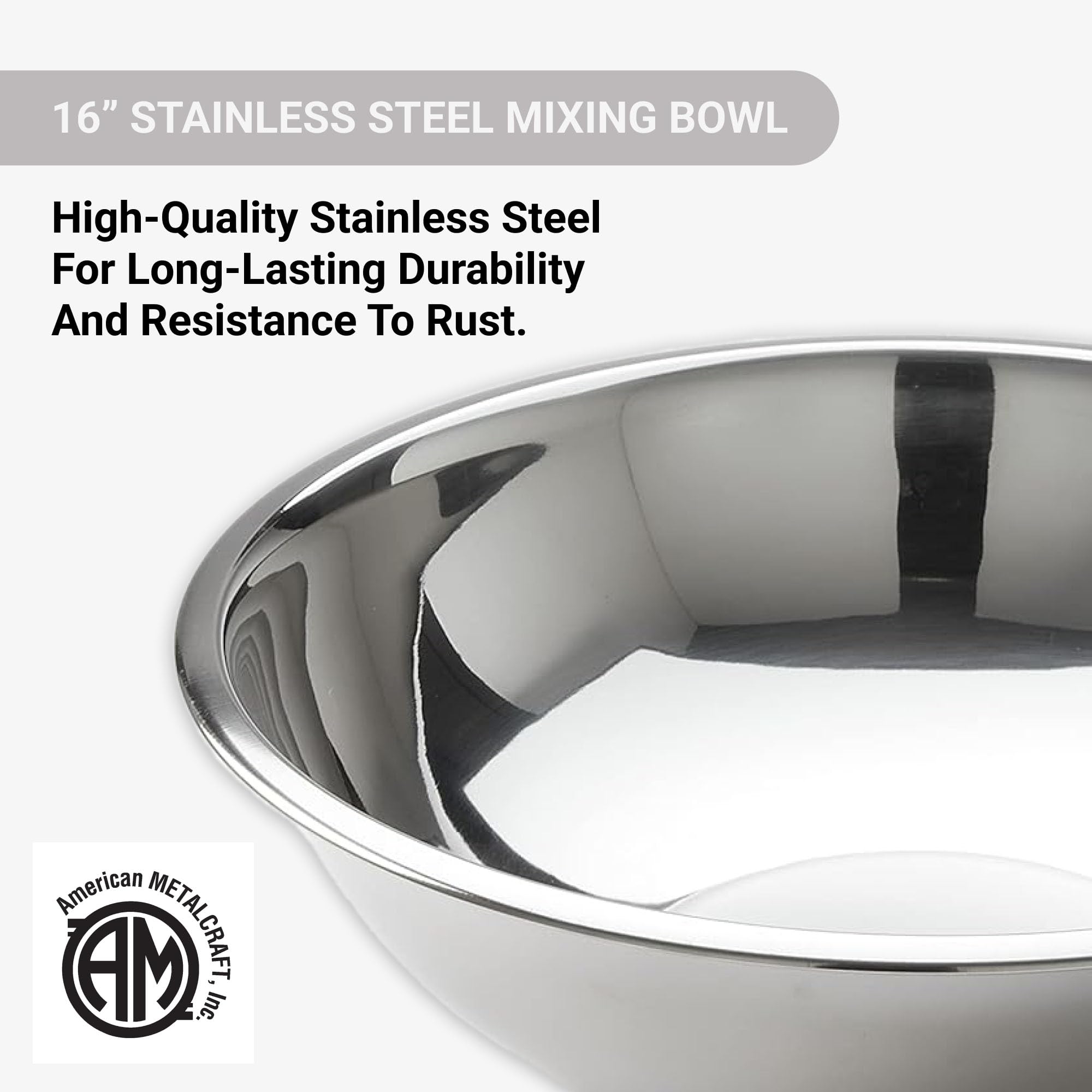 American Metalcraft 16'' Stainless Steel Mixing Bowl - 13-Quart Durable Metal Bowls For Mixing, Large Stainless Steel Bowl