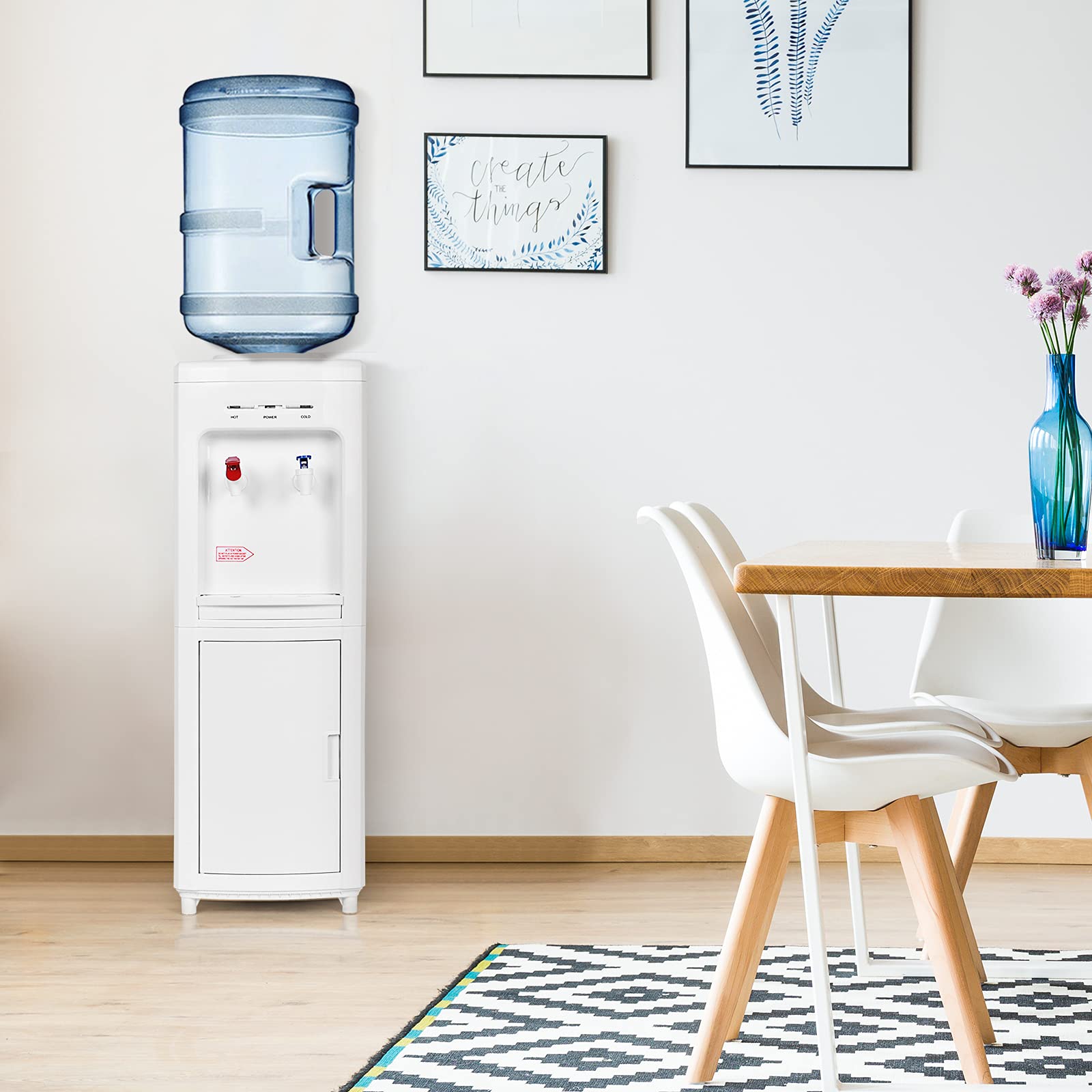 Goflame Water Cooler Dispenser Top Loading, Water Dispenser With Hot & Cold Water, Storage Cabinet, Child Safety Lock, Holds 3-5