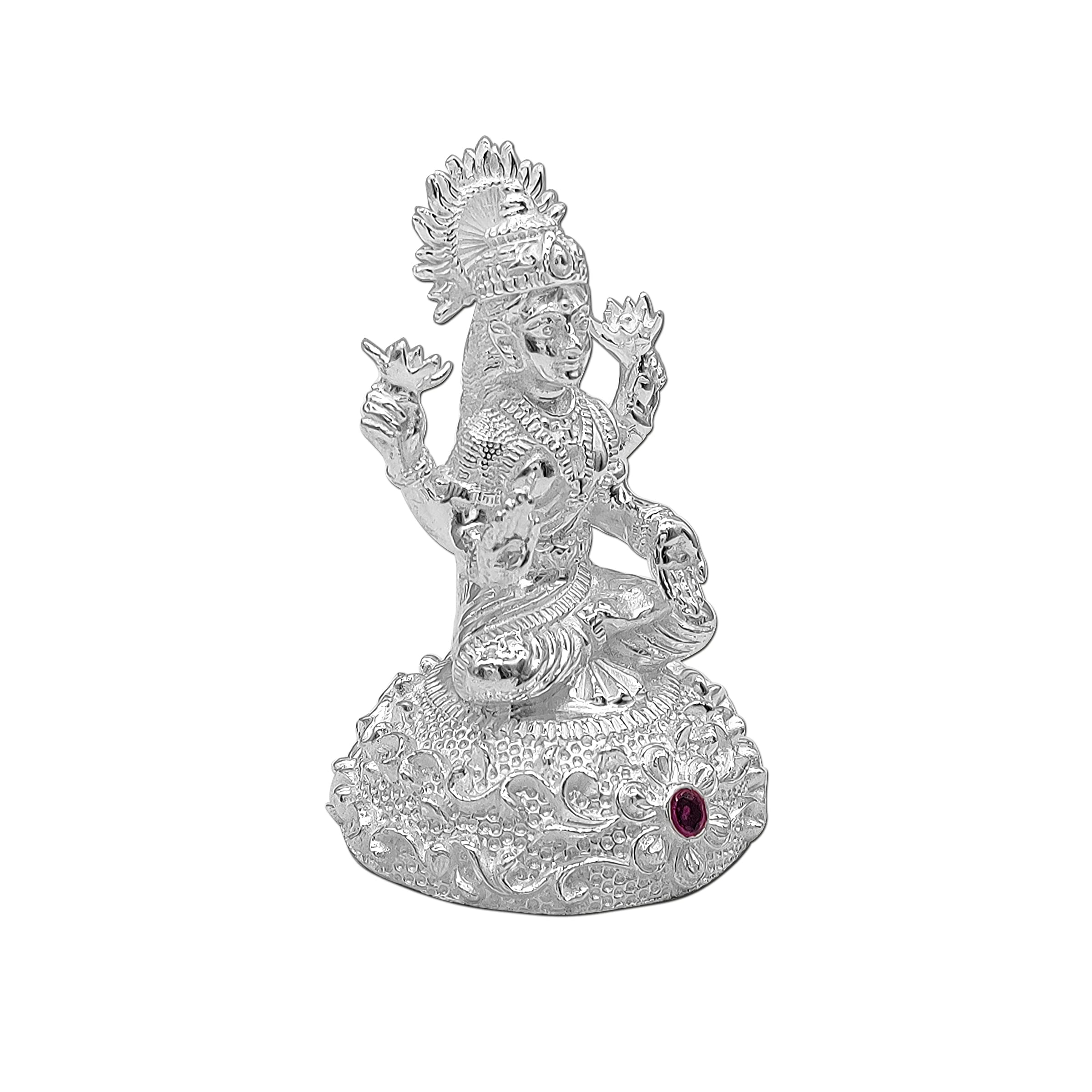 Maa Silver Pure Silver Laxmi Lakshmi Ji Bis Hallmarked Solid Idol/Murti With Colour Stone At Round Base Perfect For Gifting & Po