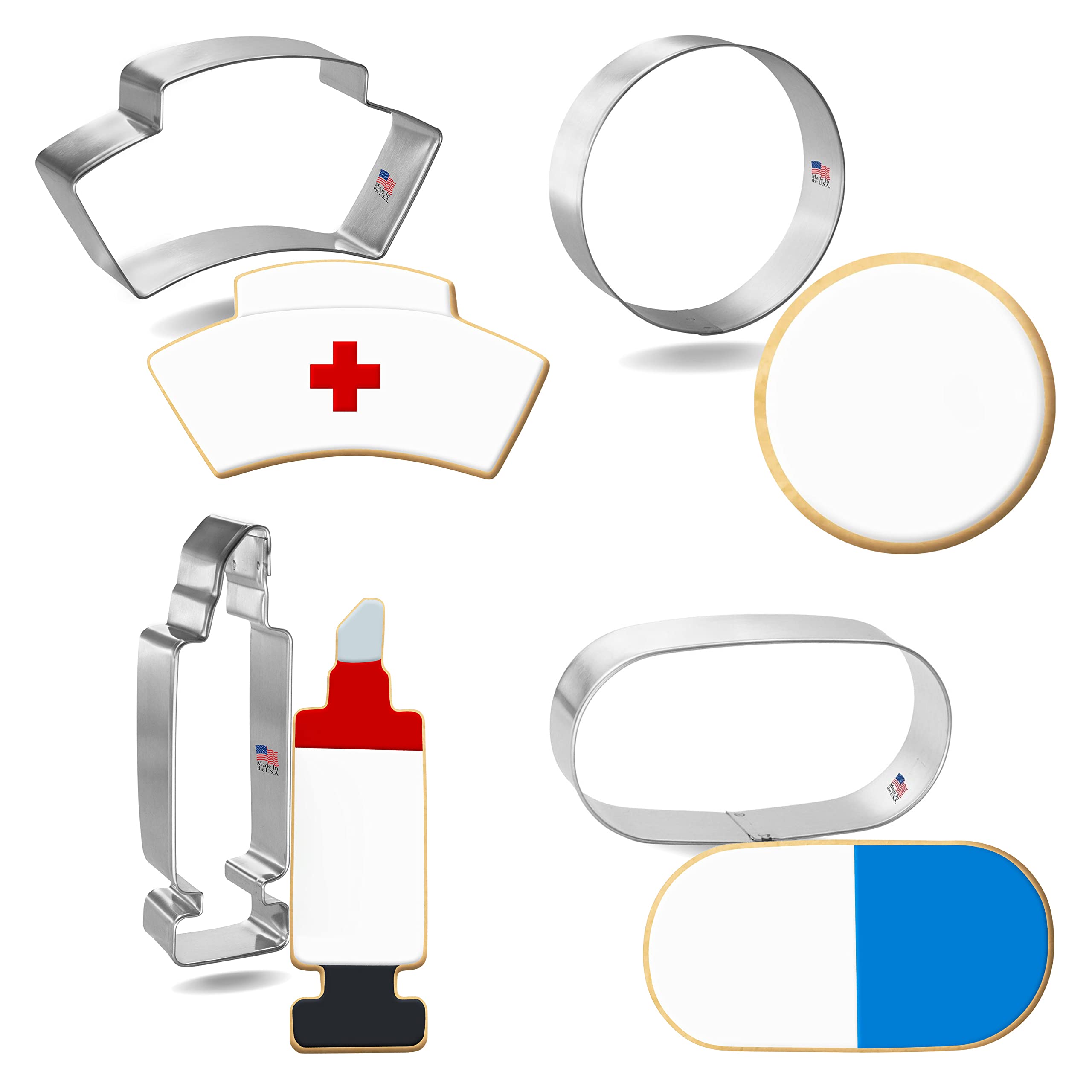 Foose Cookie Cutters 4 Piece Nurse Cookie Cutter Set Hat, Syringe, Circle Pill, Oval Tablet, Usa