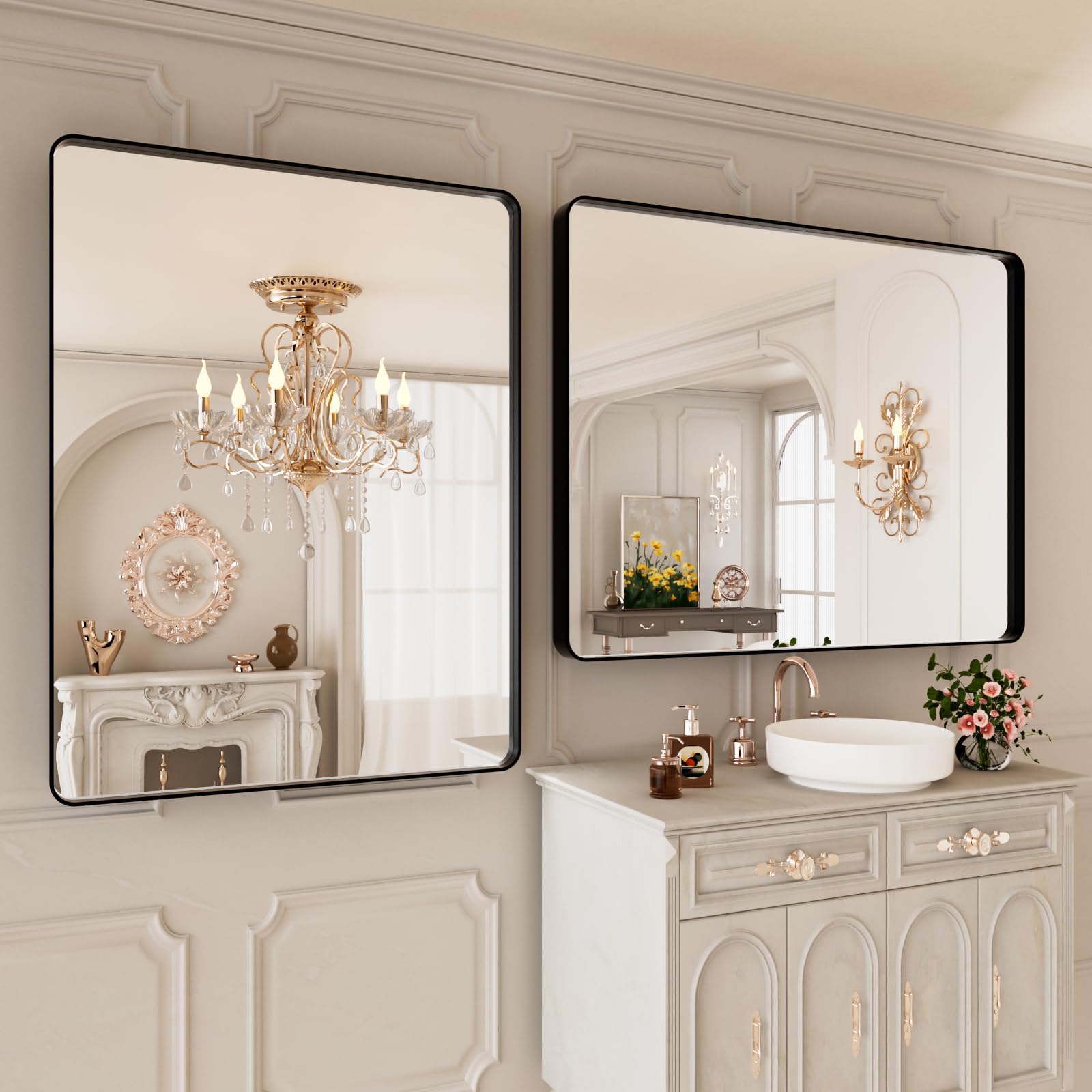 Istripmf Black Metal Framed Bathroom Mirror For Wall,40X38 Rounded Rectangle Mirror, Matte Black Bathroom Vanity Mirror Farmhous
