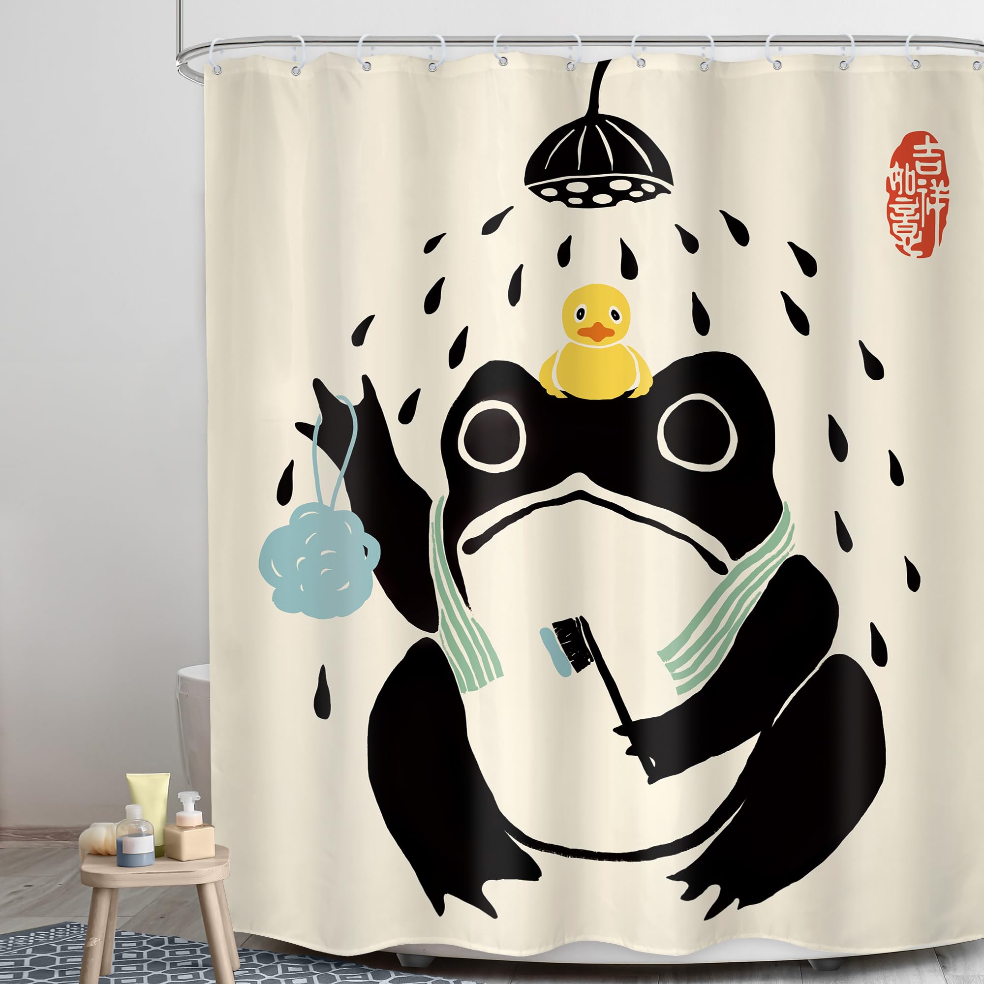 Lghtyro Funny Frog Shower Curtain Bathroom Set 60Wx71H Inches Cute Animal Bath Asian Style Traditional Japanese Art Rubber Duck