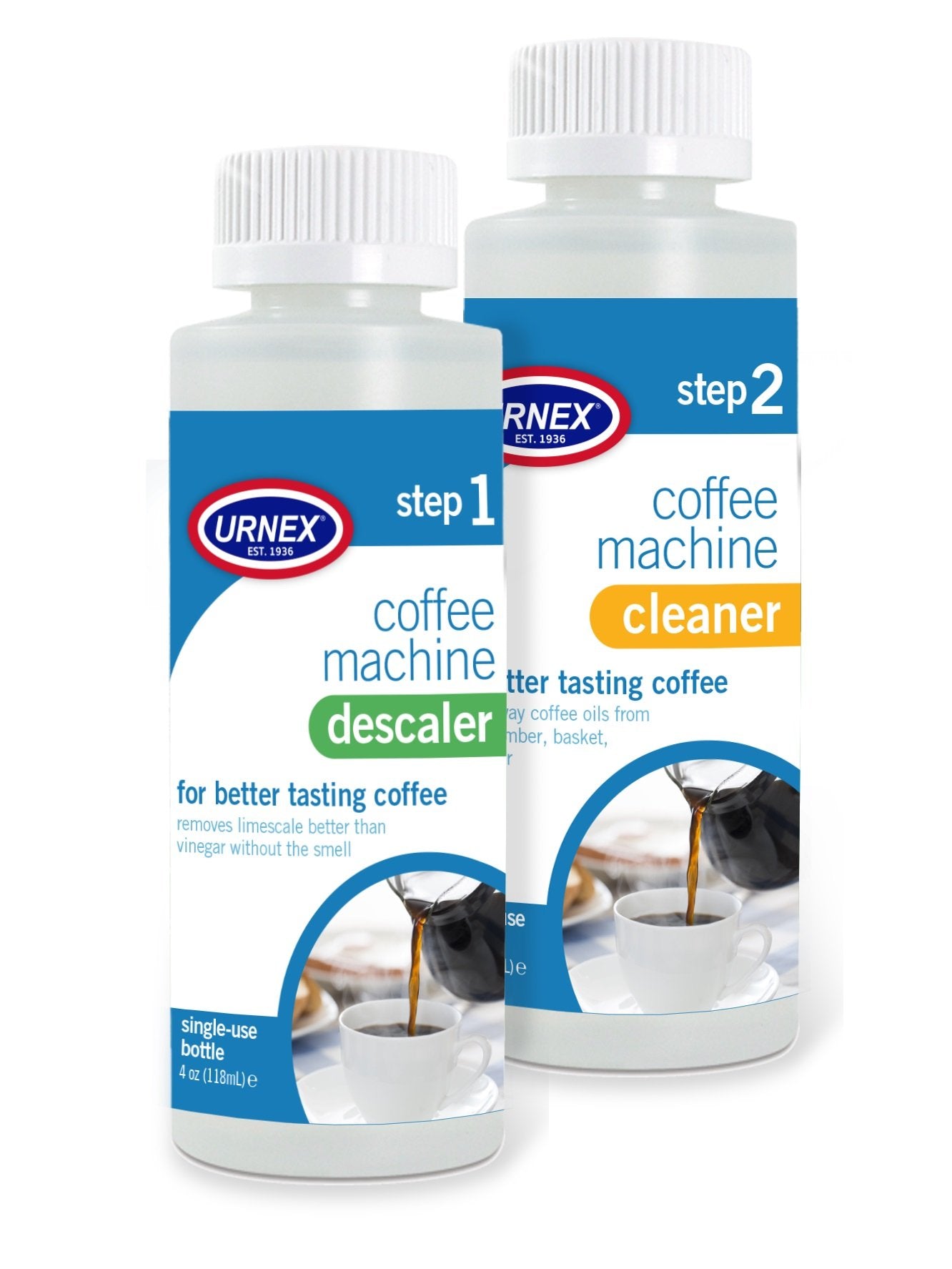 Urnex Coffee Maker Cleaner And Descaler Kit - 2 Single Use Bottles - Professional At Home Coffee Machine Cleaning And Descaling