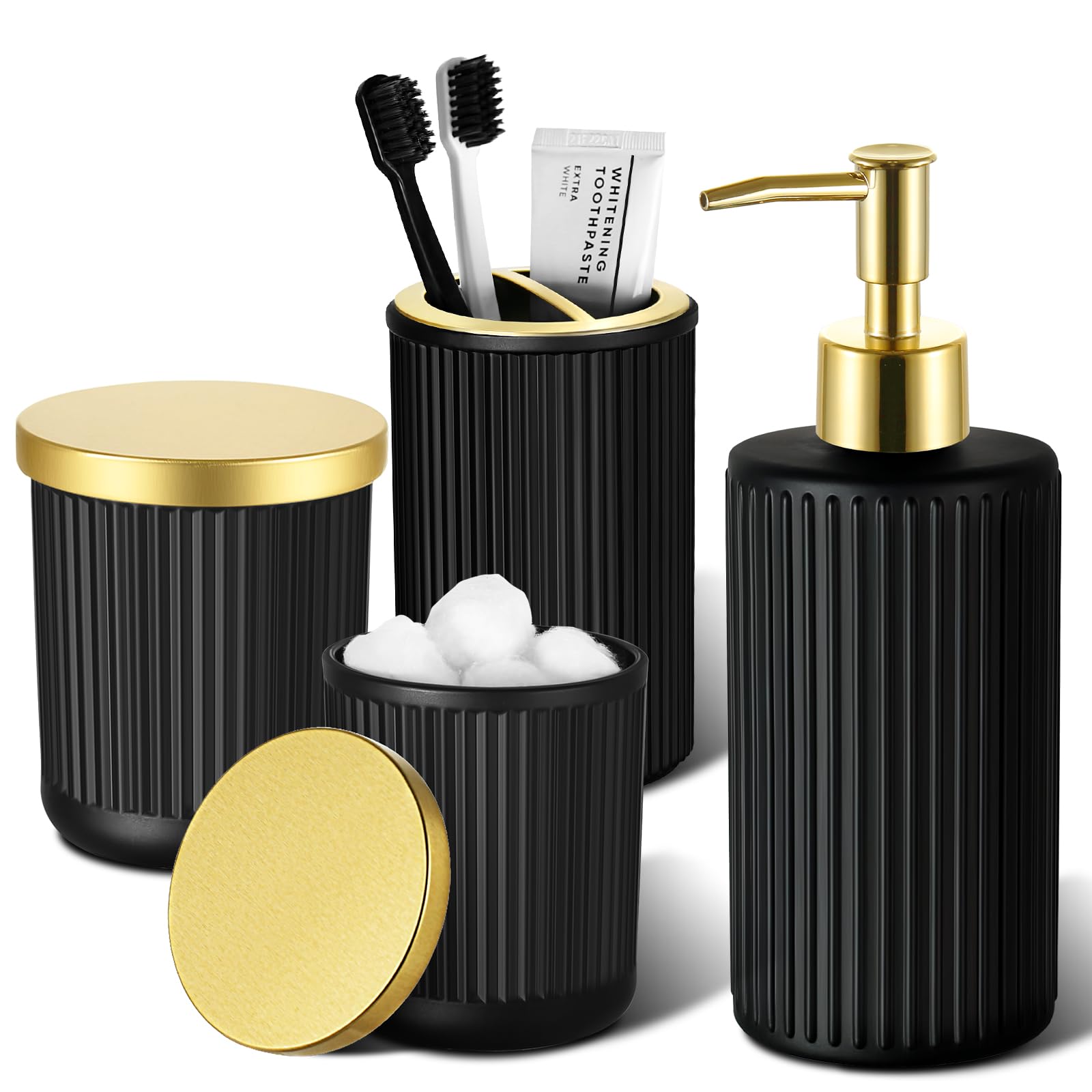 Rytoxilo Matte Black And Gold Bathroom Accessories Set, 4 Pack Glass Bath Accessory Sets Complete, Ribbed Soap Dispenser And Too