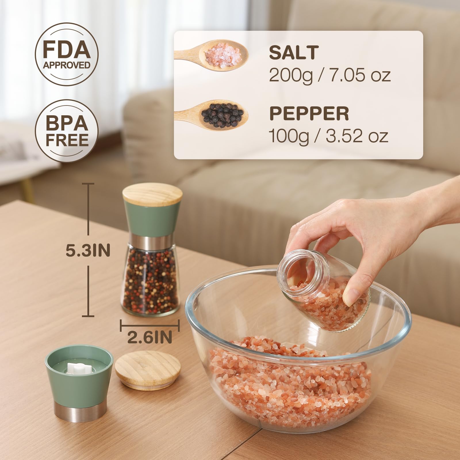 Vucchini Salt And Pepper Grinder Set Bamboo Lid- Adjustable Coarse Salt And Pepper Mills - Refillable Ceramic Burr Kitchen Gift