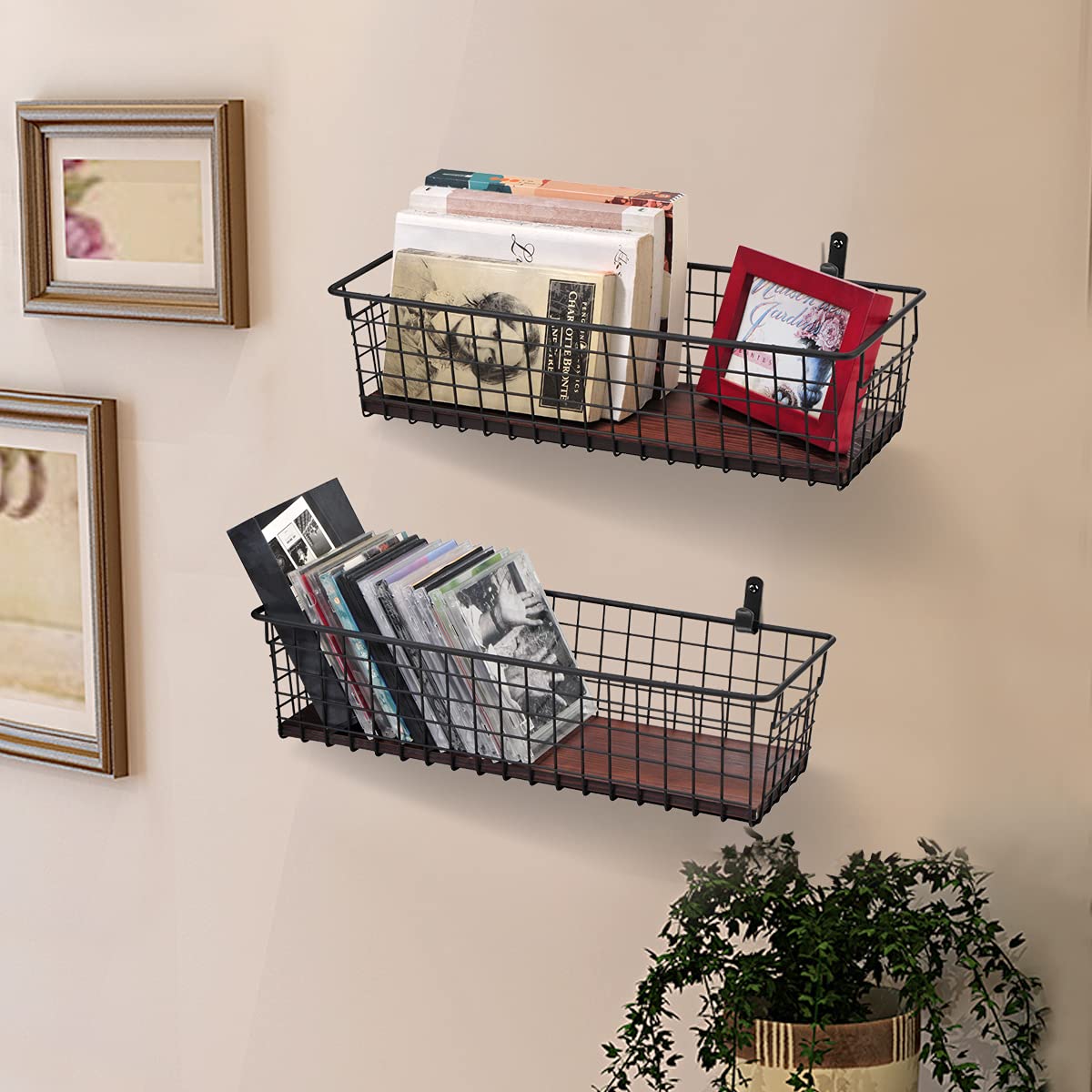 Sheechung 2 Set [Extra Large] Portable Metal Farmhouse Wall Decor Storage Organizer Basket Bin With Handles & Floating Shelves F