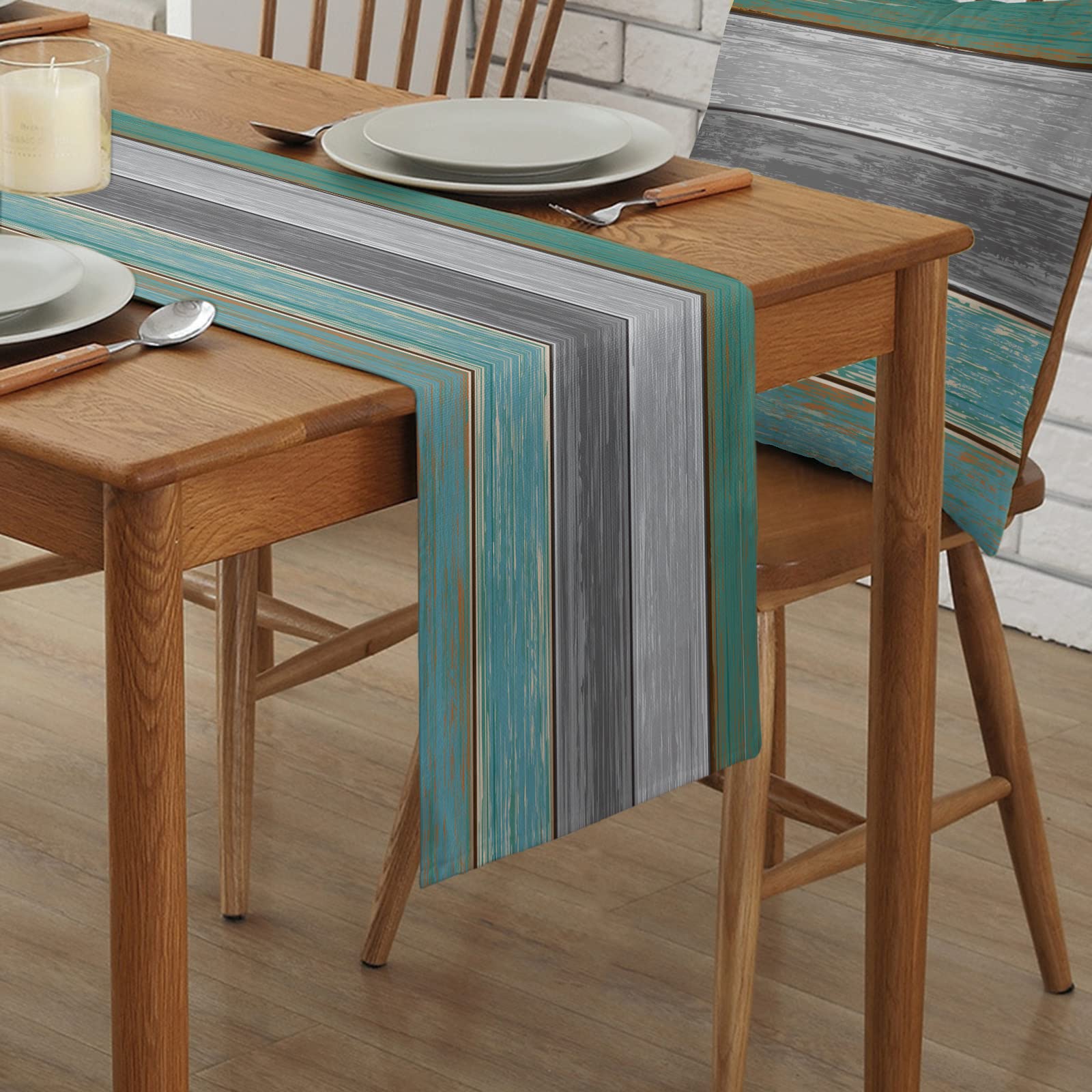Farmhouse Cotton Linen Table Runner Dresser Scarf Retro Rustic Barn Wood Texture Ombre Sea Teal Green Gray Non-Slip Rectangle Se