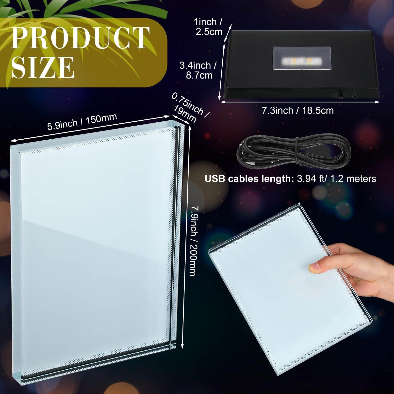 Qunclay 3 Sets Sublimation Blanks Crystal with Colorful LED Base Gifts Tabletop Decor DIY Photo Frame Heat Transfer Picture Fram