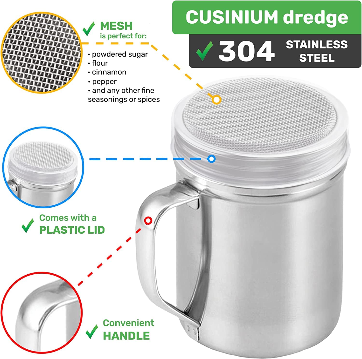 Cusinium 6 Ounce Mini Powder Sugar Shaker With Handle - Fine Mesh - With Plastic Cap - Pack Of 4