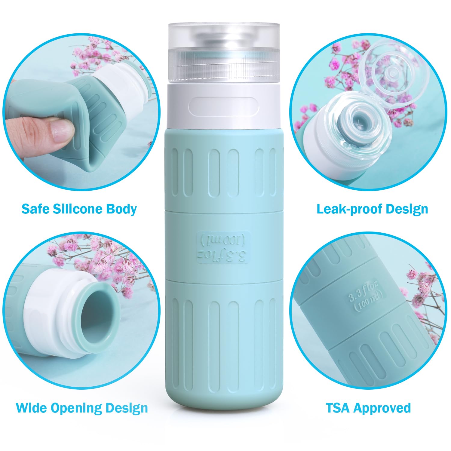 Glamfields Travel Bottles For Toiletries,Tsa Approved 3.3Oz Size Leakproof Silicone Toiletry Containers For Shampoo, Conditioner