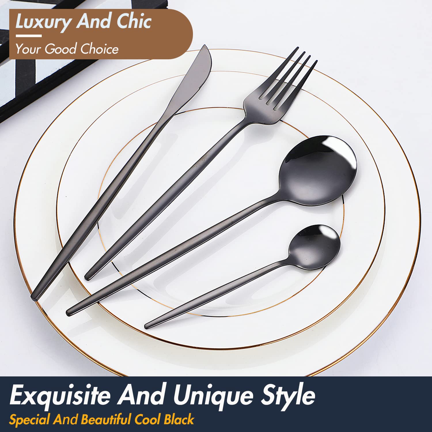 24-Piece Black Silverware Set Black Flatware Set For 6, Stainless Steel Cubiertos Cutlery Set, Forks And Spoons Apartment Utensi