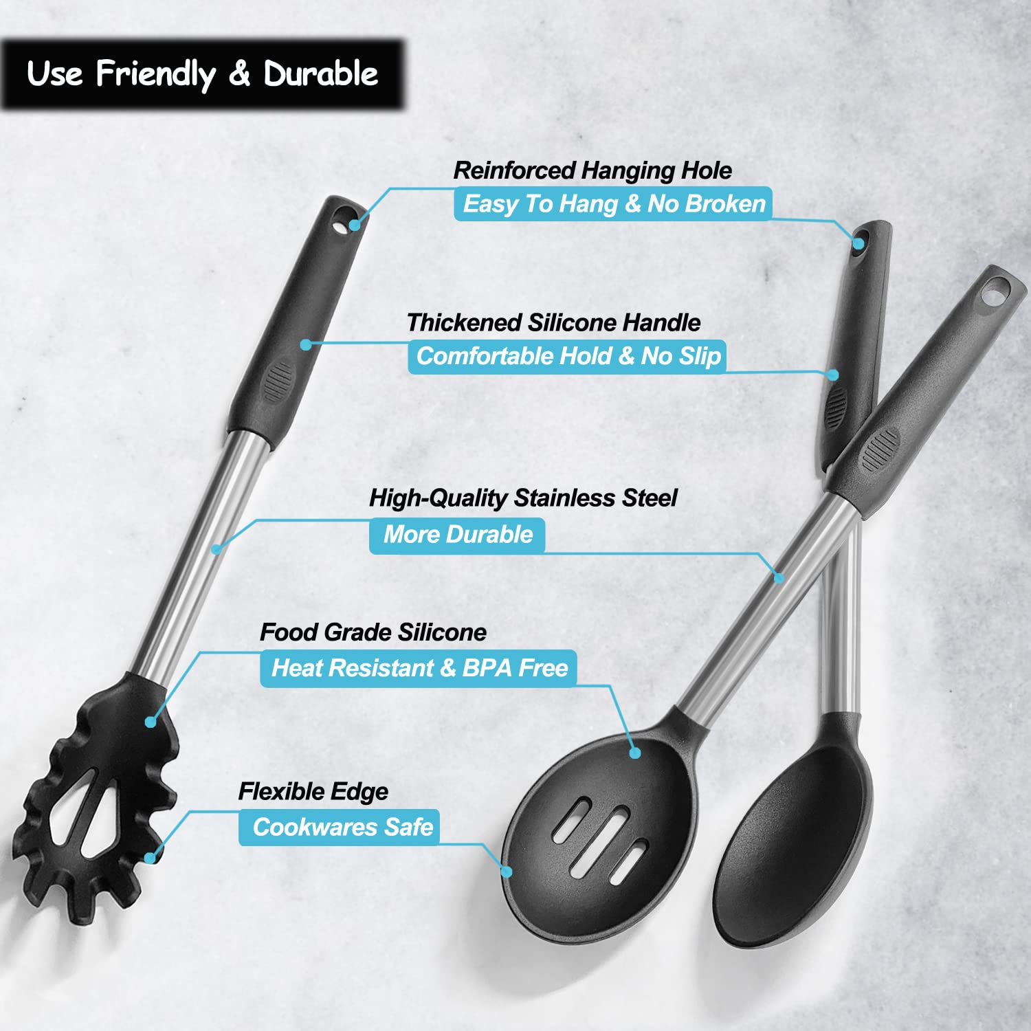 Silicone Spatula And Cooking Spoon,5 Pack Non-Stick Cooking Utensils For Kitchen,Heat Resistant Solid & Slotted Spoons And Spatu