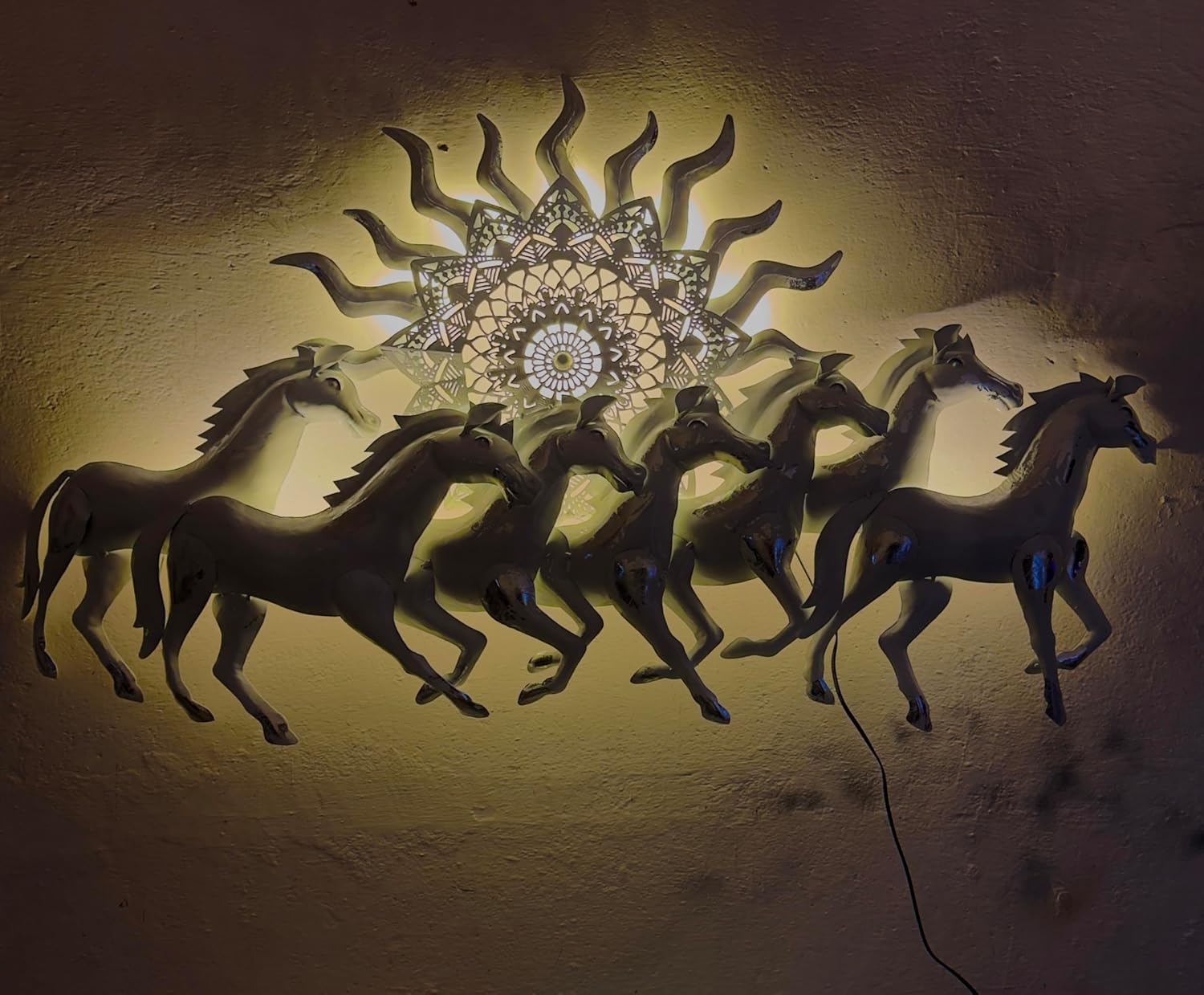 Rsn Golden 7 Running Horses With Sun - Metal Wall Decor, With Led Light For Living Room, Drawing Room, And Office Decor-Size-50X