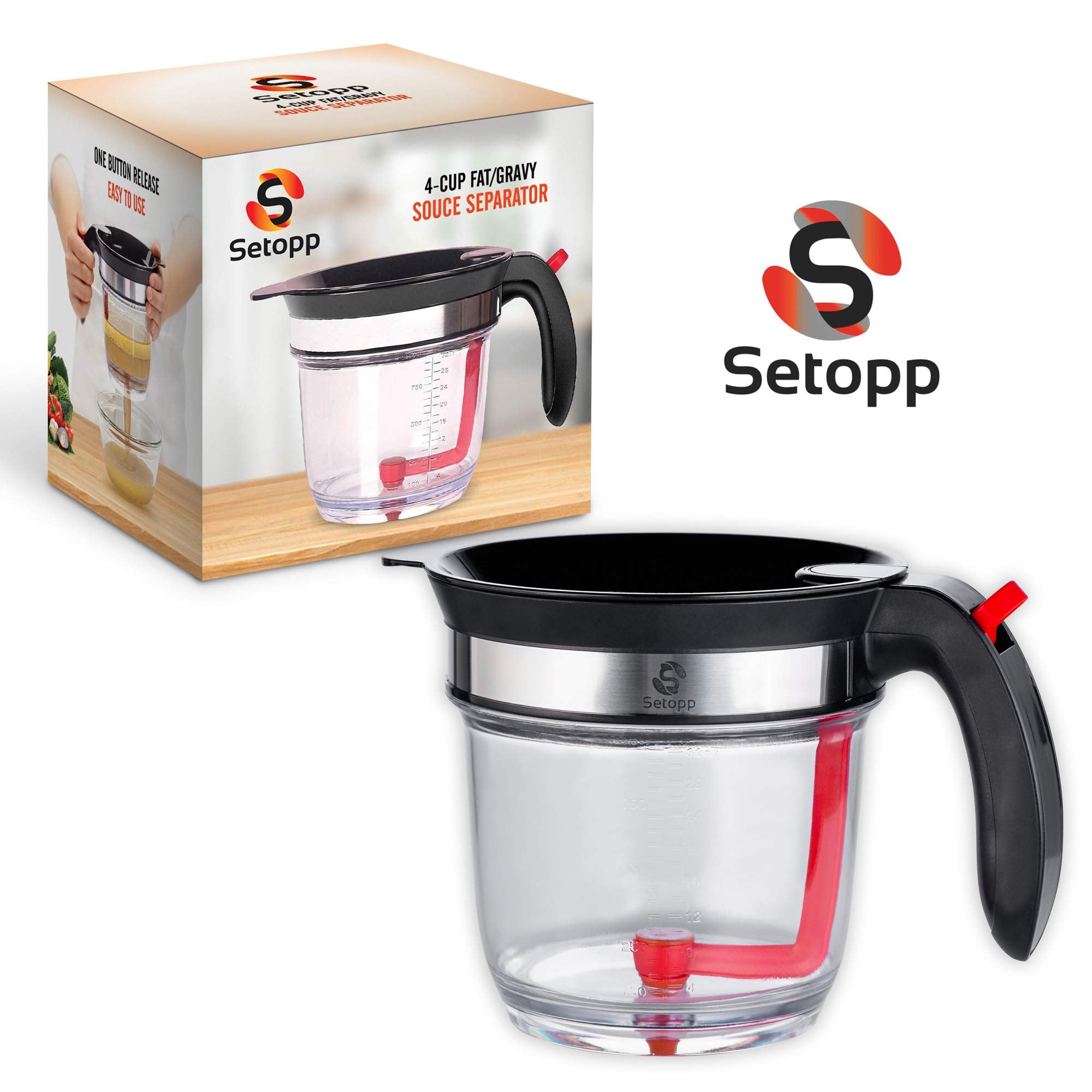 Oil Separator | 4-Cup Oil Fat Separator | Fat Separator With Strainer | Gravy Separator, Measuring Cup With Bottom Drain, Degrea