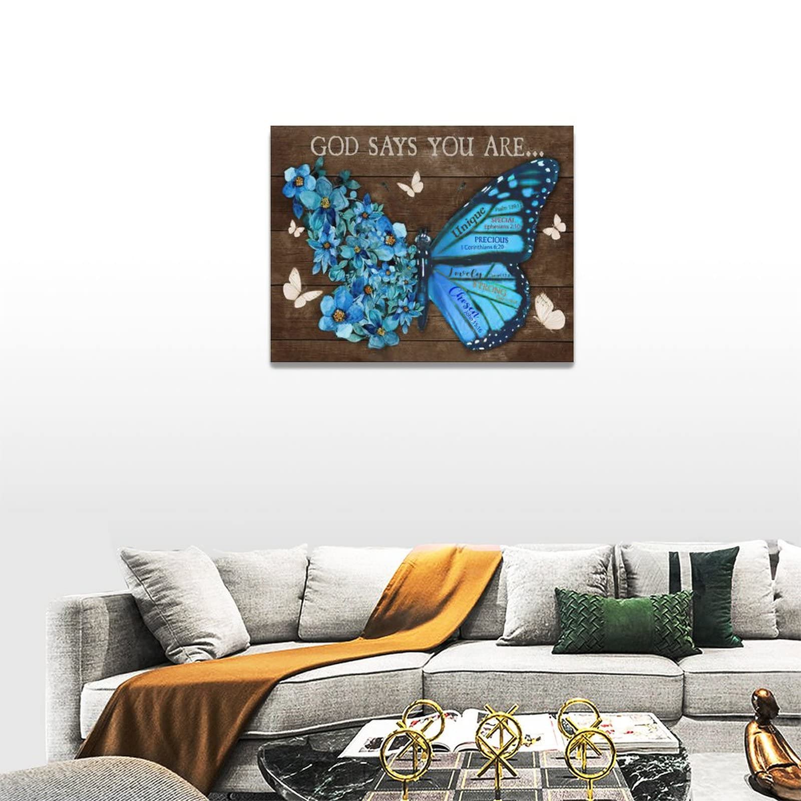 Farmhouse Blue Butterfly Flower Decor Wall Art Rustic Butterfly God Says You Are Pictures Wall Decor Canvas Painting Prints Artw