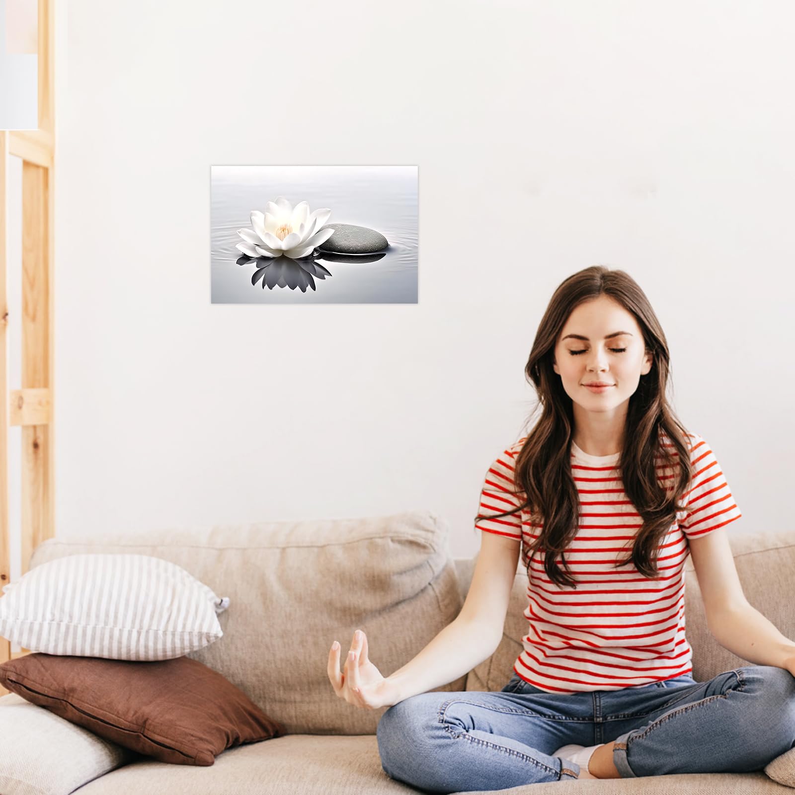 Ccwacpp Zen Canvas Wall Art White Lotus Bloom In Water Picture Flowers Stone Spa Painting For Yoga Meditation Room Bathroom Prin