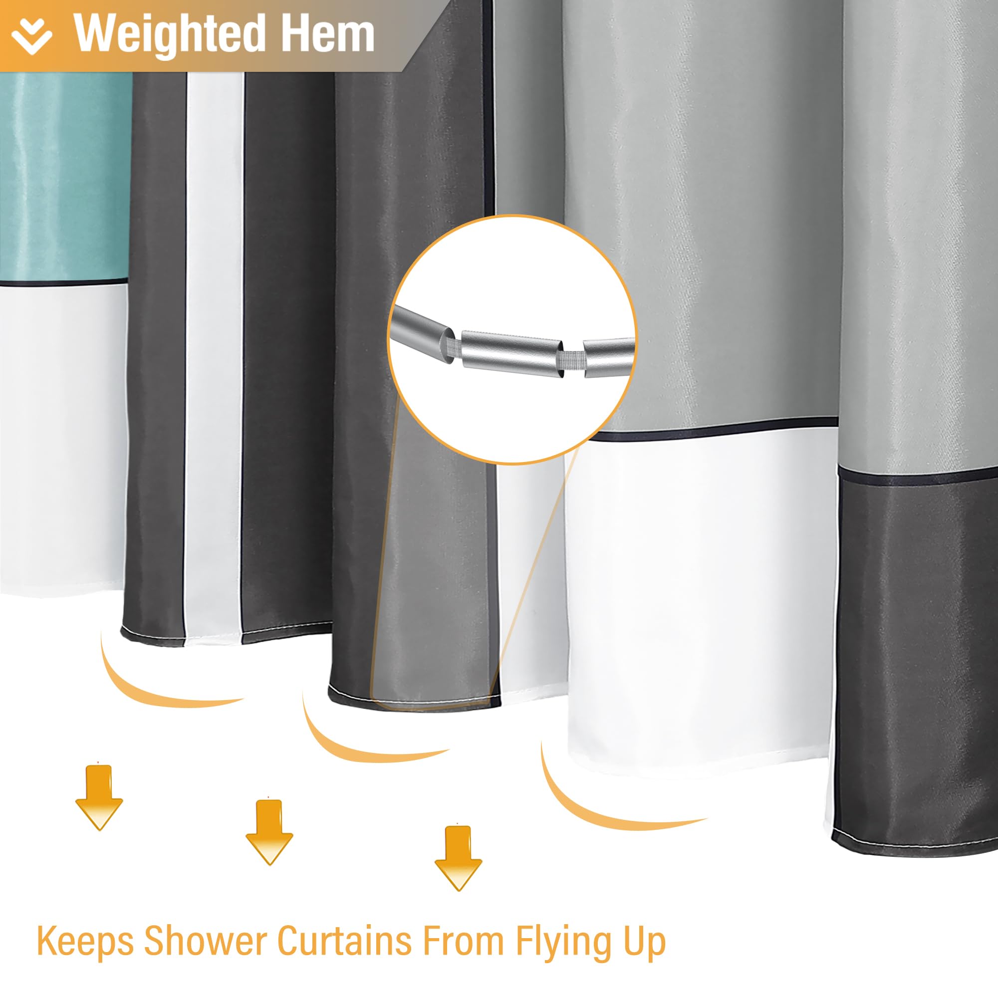 Bttn Teal Fabric Shower Curtain, Modern Geometric Neutral Cloth Shower Curtain Set With Hook, Weighted Hem, Water Repellent, Whi