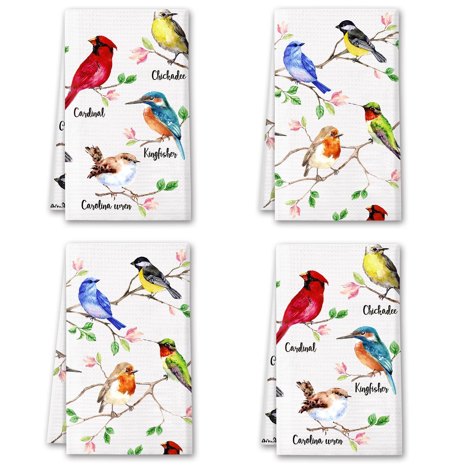 Vansolinne Birds Kitchen Towels Birds On Branch Dish Towels Set Of 4 Cardinal Hummingbird Bluejay Absorbent Hand Towels Tea Towe