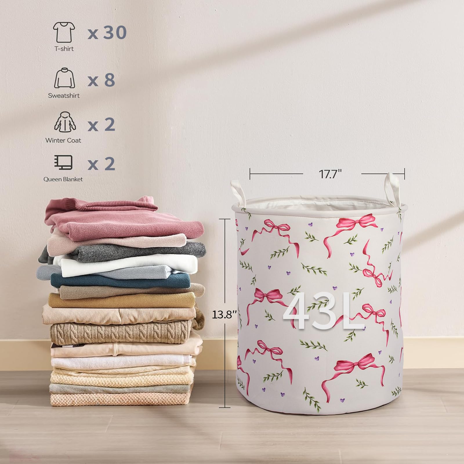 Pink Bow Laundry Basket Foldable With Handles Tote Bag Waterproof Oxford Cloth Funny Laundry Hamper Clothes Storage Bucket Toy O