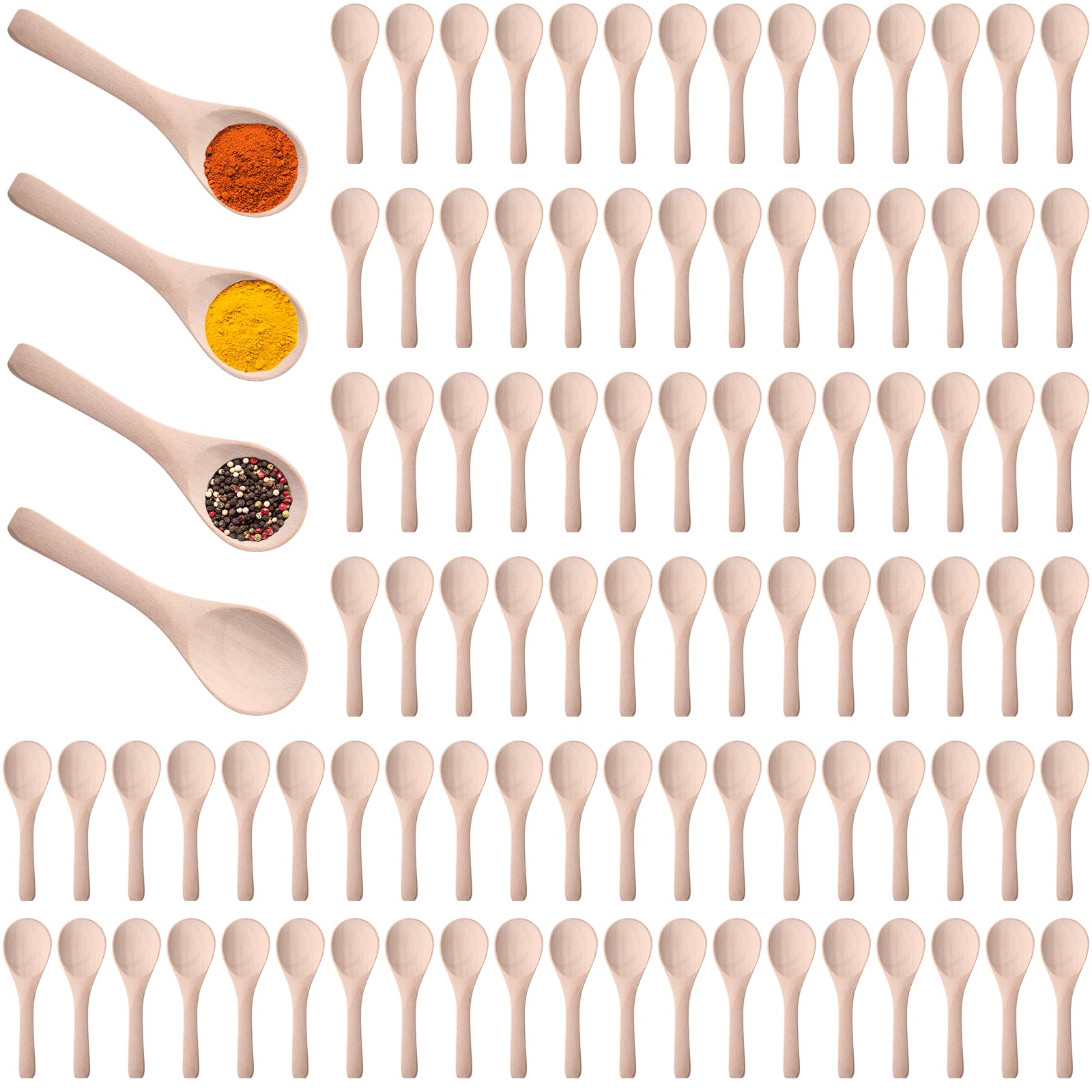 Boao 100 Pcs Small Wooden Spoons, 3.5 L, Mini Wood Natural Tiny Spoons Wooden Little Teaspoons for Jars Sugar Creamer Honey Sp