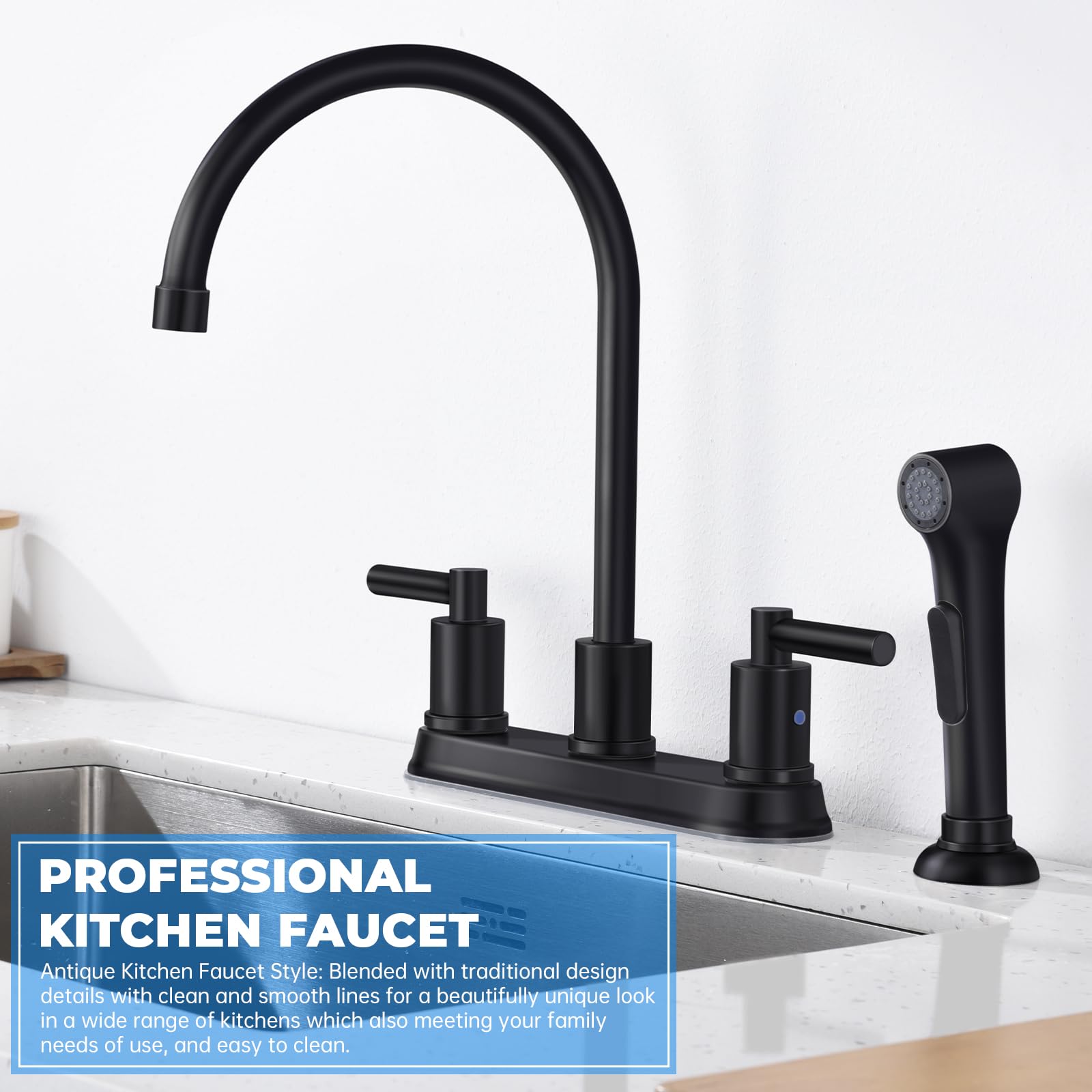Arrisea 8 Inch Centerset Two Handle Kitchen Faucet With Pull Out Side Sprayer With Pause Mode,10 Inch High Arc Black 4 Hole Stai
