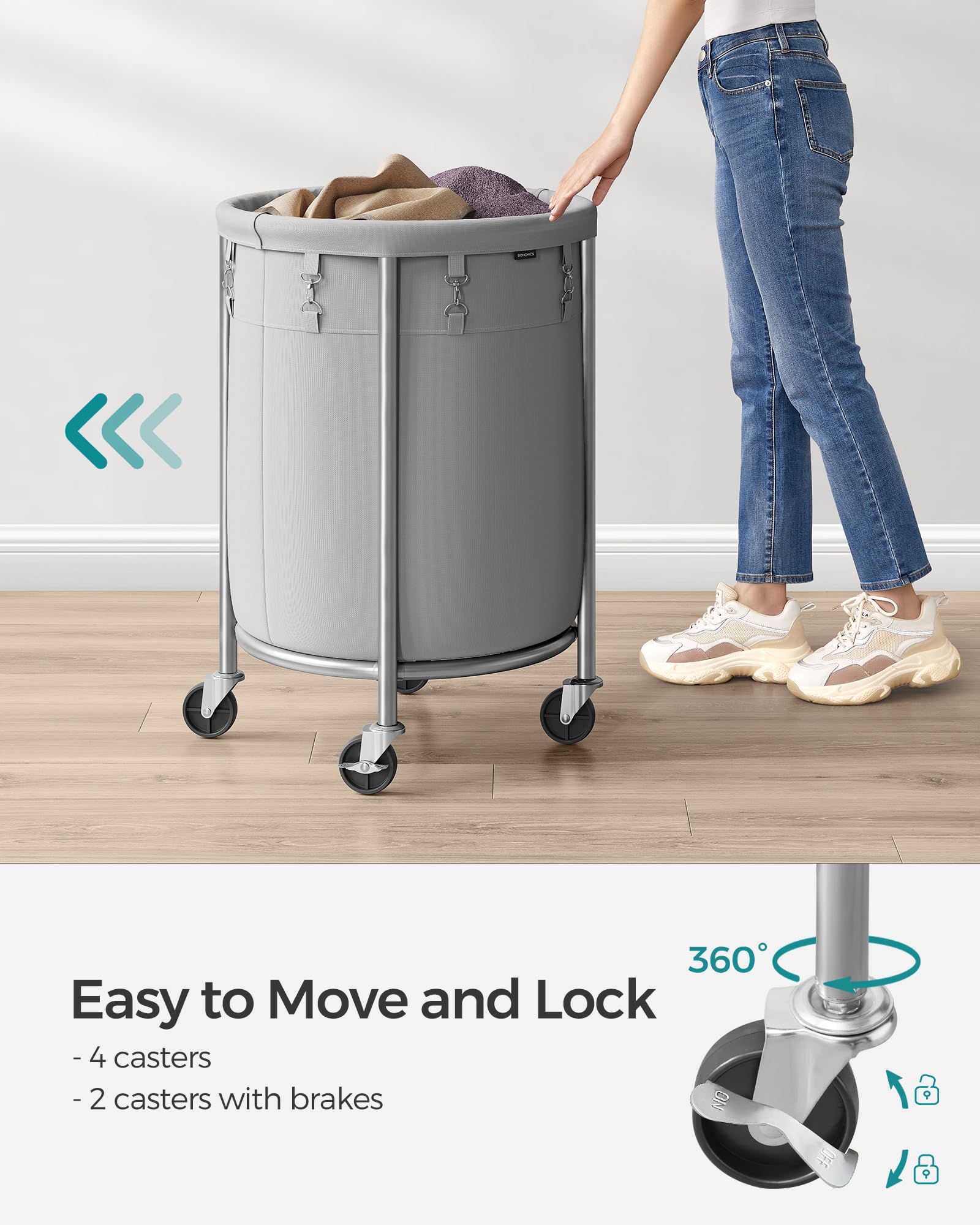 Songmics Laundry Basket With Wheels, Rolling Laundry Hamper, 29 Gal., Round Laundry Cart With Steel Frame And Removable Bag, 4 C